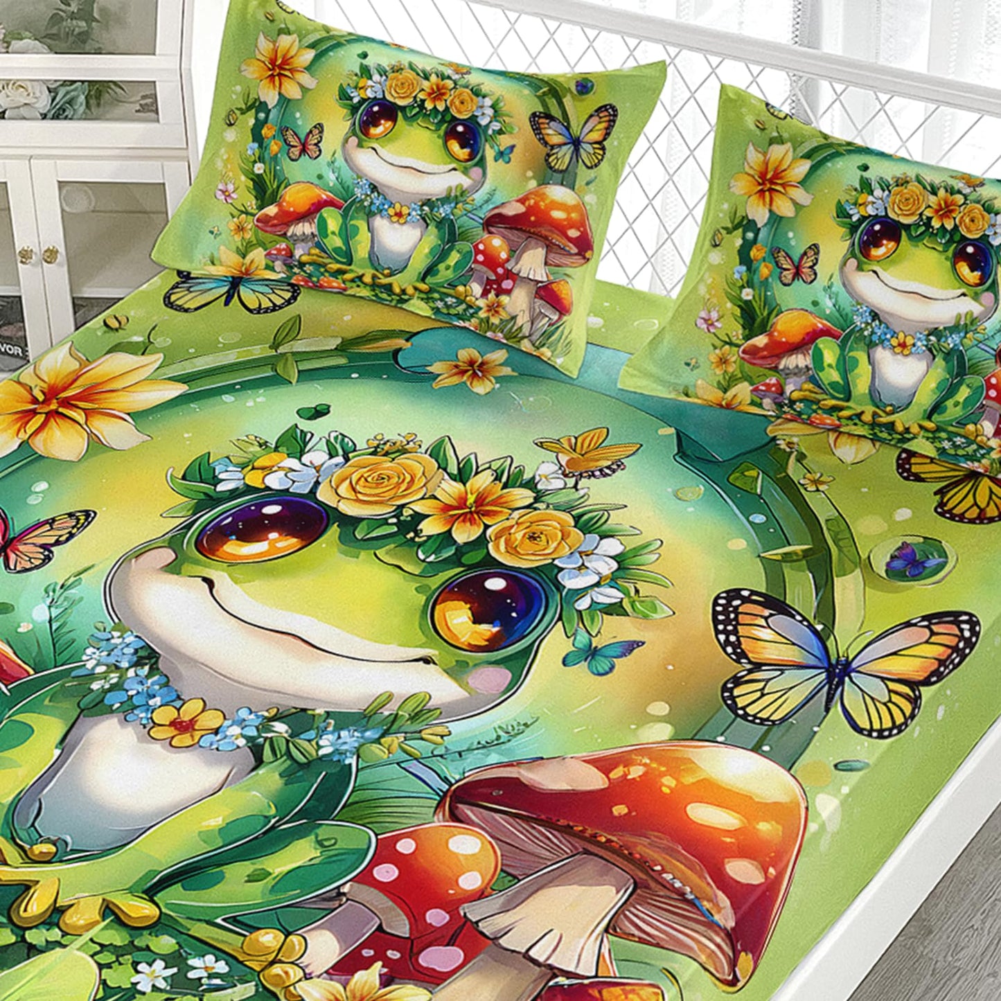 AILONEN Cartoon Green Frog Sheet Set Twin XL Size for Kids Girls Boys,Kawaii Green Wild Animals Bedding Set,Mushroom and Butterfly Bed Sheets,Super Soft Microfiber,1 Fitted Sheet and 2 Pillowcases