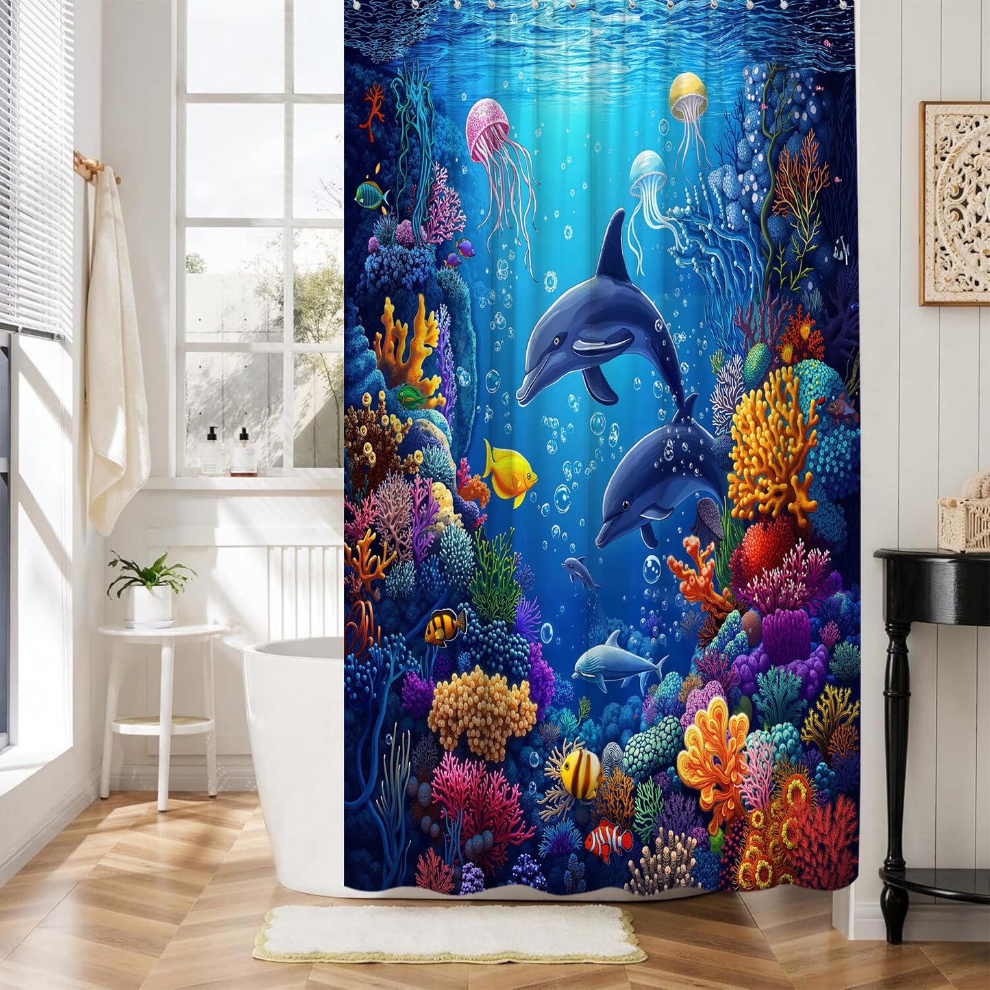 ZNLSU Underwater World Shower Curtain Blue Ocean Animal Dolphin Jellyfish Colorful Tropical Fish Sea Wildlife 70" WX70 H Bathroom Fabric Curtain with Hooks