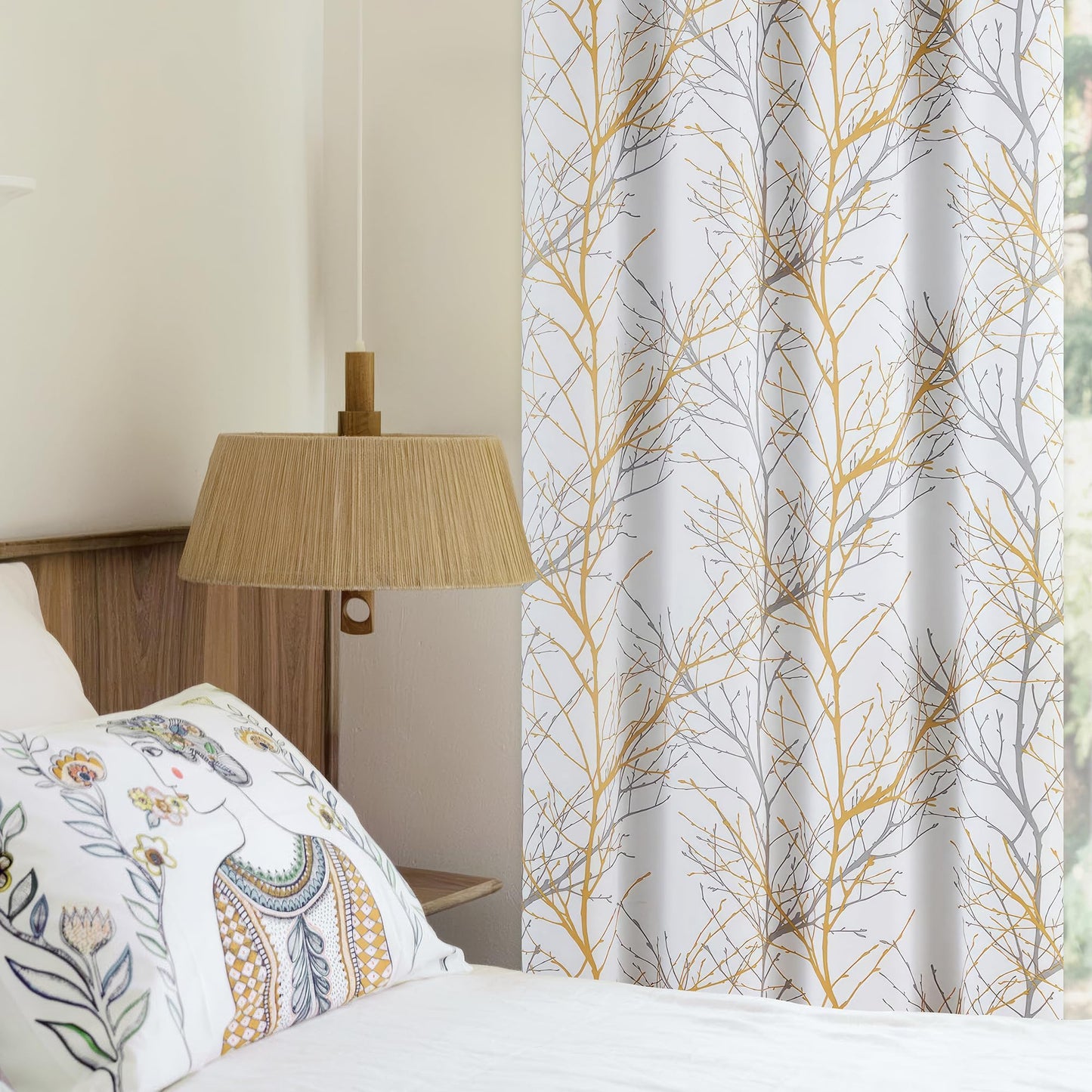 FMFUNCTEX 100% Blackout Yellow on White Tree Curtains for Bedroom, Curtains 84 Inches Long Branch Curtain Panels for Living Room, Room Darkening Thermal Insulated Window Drapes, Grommet Top 2 Panels