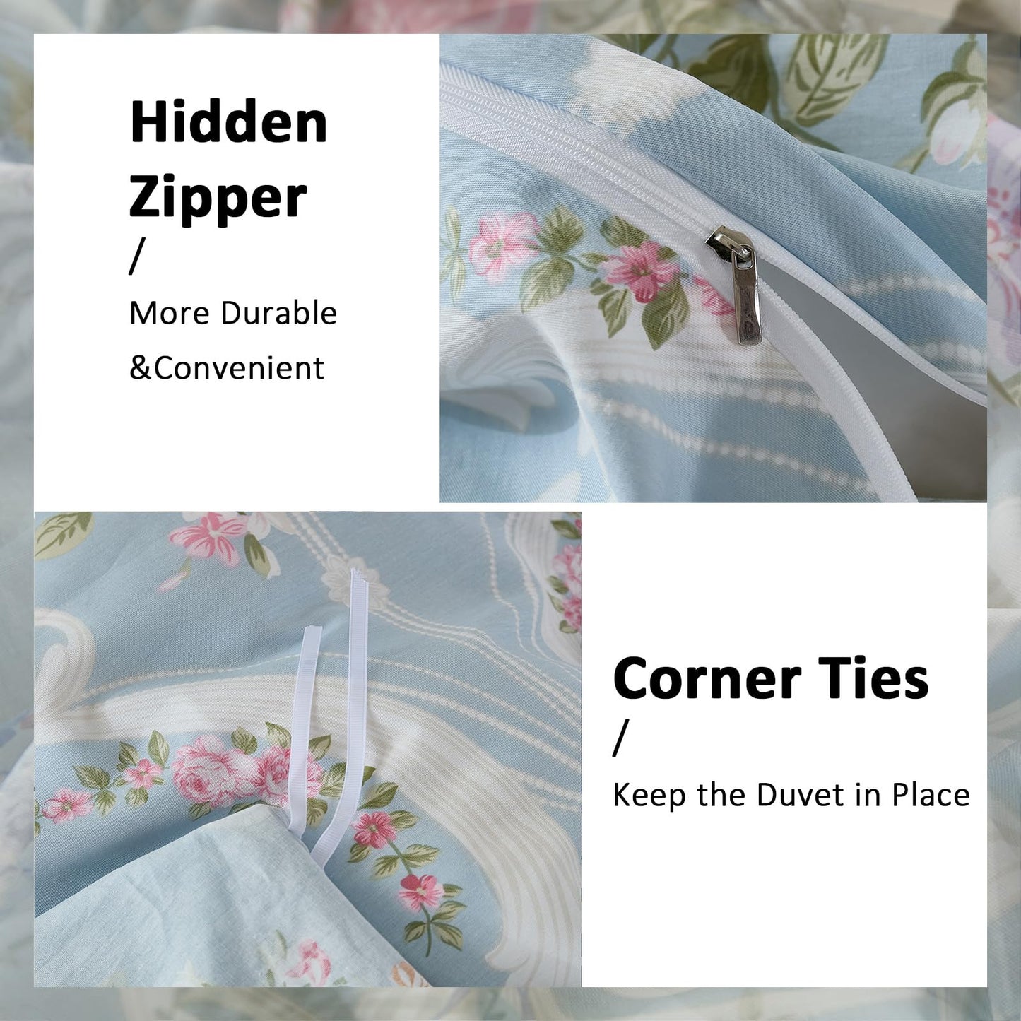 Cozaline Floral Duvet Cover Set King Size 100% Nature Cotton Blue Comforter Cover with Pink Floral, 3 Pieces Breathable & Soft Aesthetic Bedding Set with Zipper Closure