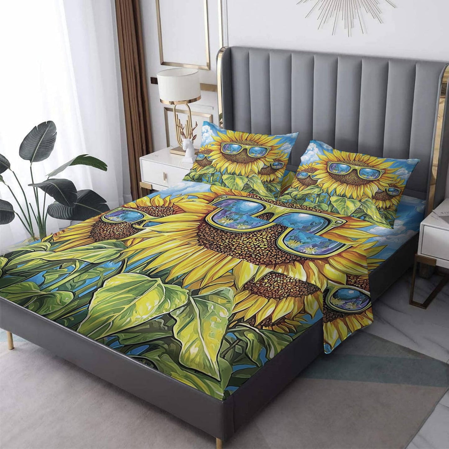Rejkxyw King Size Sheets Set Sunflower - Funny Yellow Floral Bed Sheets - Kids Boys Girls Sheet Set - 12 Inch Deep Pocket - Ultra Soft Winkle Free Microfiber Bedding Sheets & Pillowcases 4 Piece