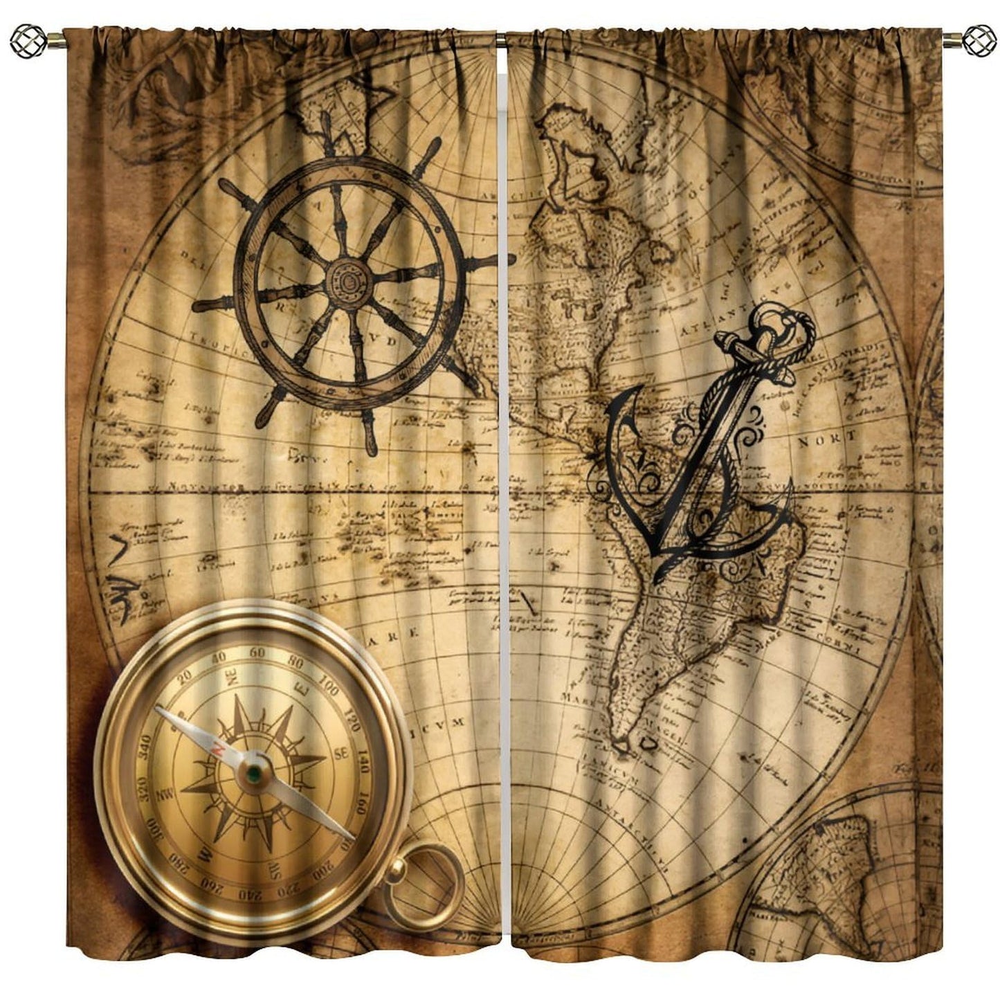 Nanacur World Map Curtains, Vintage Rustic Farmhouse Middle Ages Old Sea Map Nautical Ocean Theme Window Drapes for Bedroom Living Room 41" W X 45" L (No Blackout)