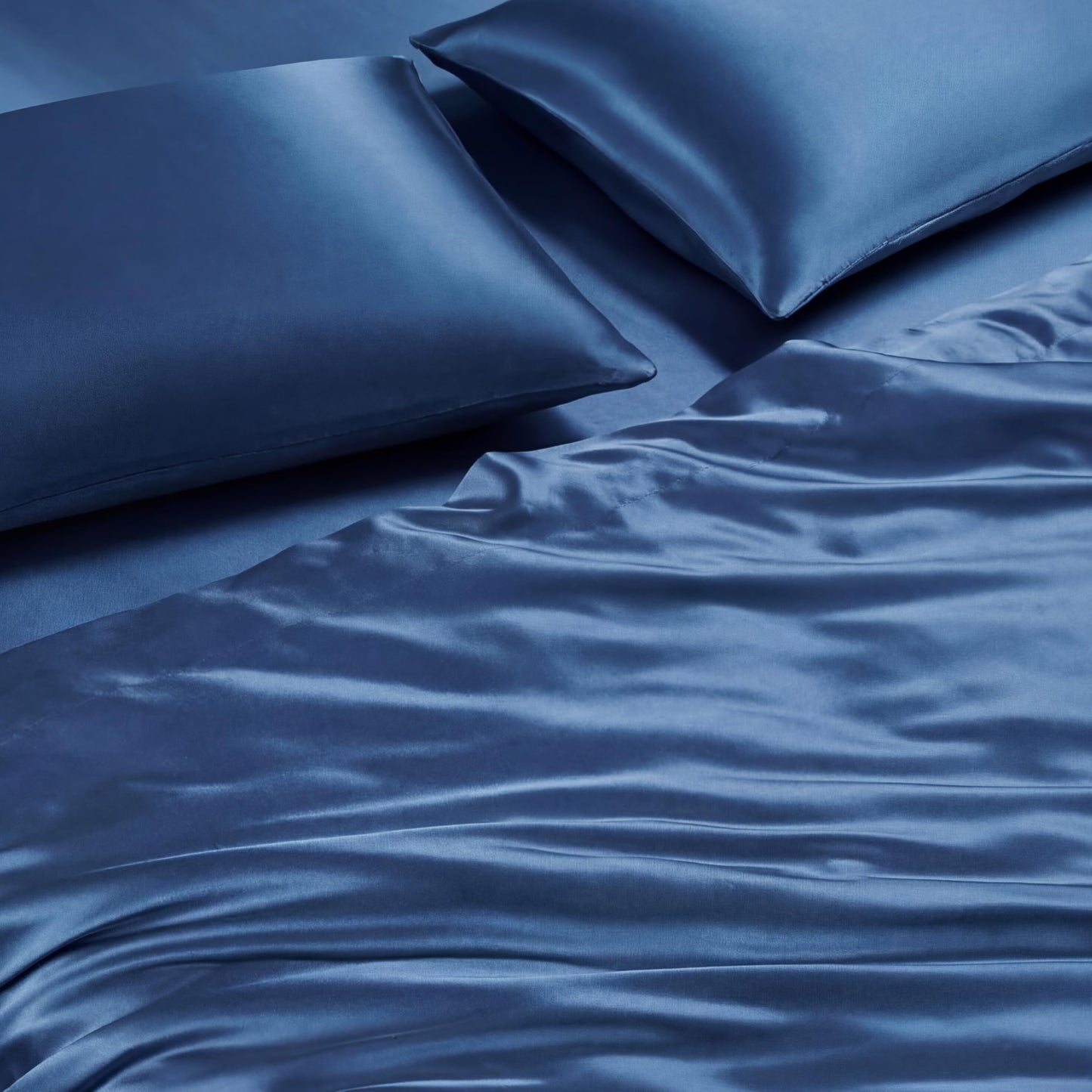 Juicy Couture Full Size Satin Bed Sheet Set, Deep Pocket Silky Satin Full Sheet Set with 1 Fitted Sheet, 1 Flat Sheet and 2 Pillowcases, Wrinkle Resistant and Anti Pilling Bed Sheets - Dark Blue
