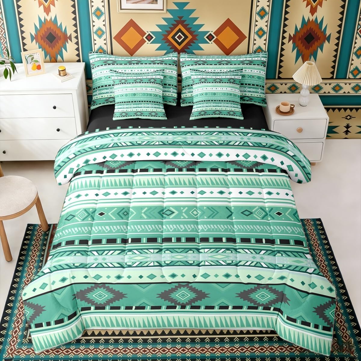 Erosebridal Southwestern Farmhouse White Green Aztec Full Comforter Set 7 Pieces | Bohemian Cowboy Cowgirl Bed in A Bag for Bedroom Tribal Adults Boho Bedding Set with Comforters Geometric Room Decor