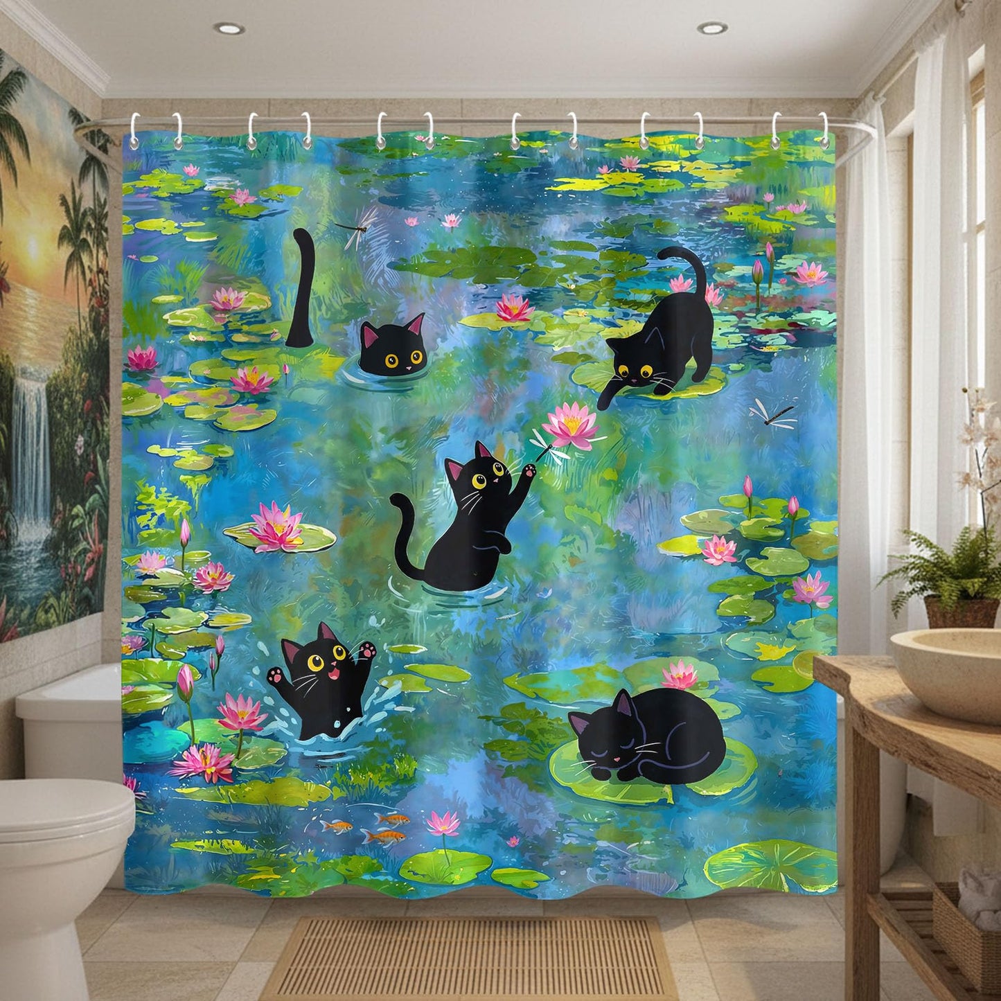 Haibimen Funny Black Cats Shower Curtain Sest Lily Pond Shower Curtain for Bathroom Waterproof Cute Cartoon Flower Nature Bathroom Decor Polyester Fabric 72 x 72 inch with Hooks (Green 1)