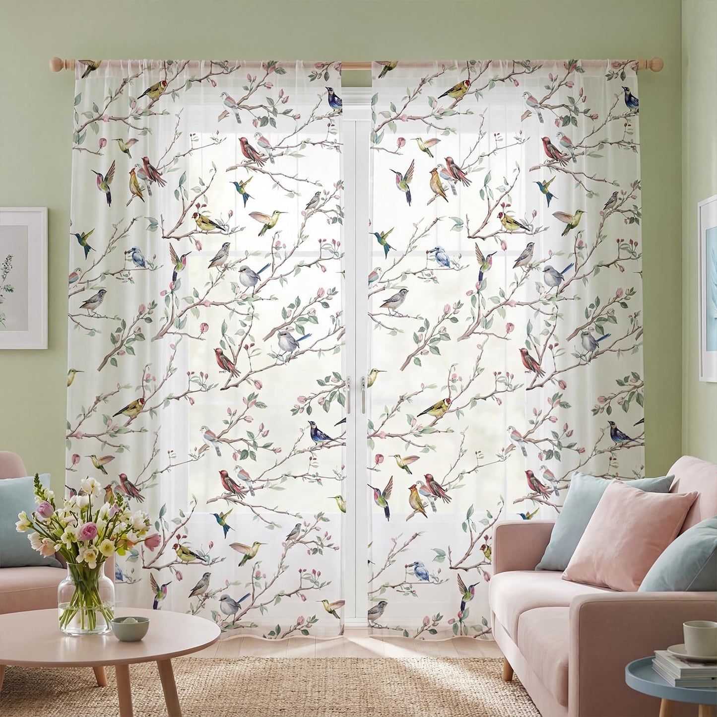 Horaldaily Outdoor Sheer Curtains for Living Room and Bedroom, Birds Branch Floral Window Curtains, Holiday Window Drapes Decor, 52" W x 84" L, Set of 2 Curtain Panels