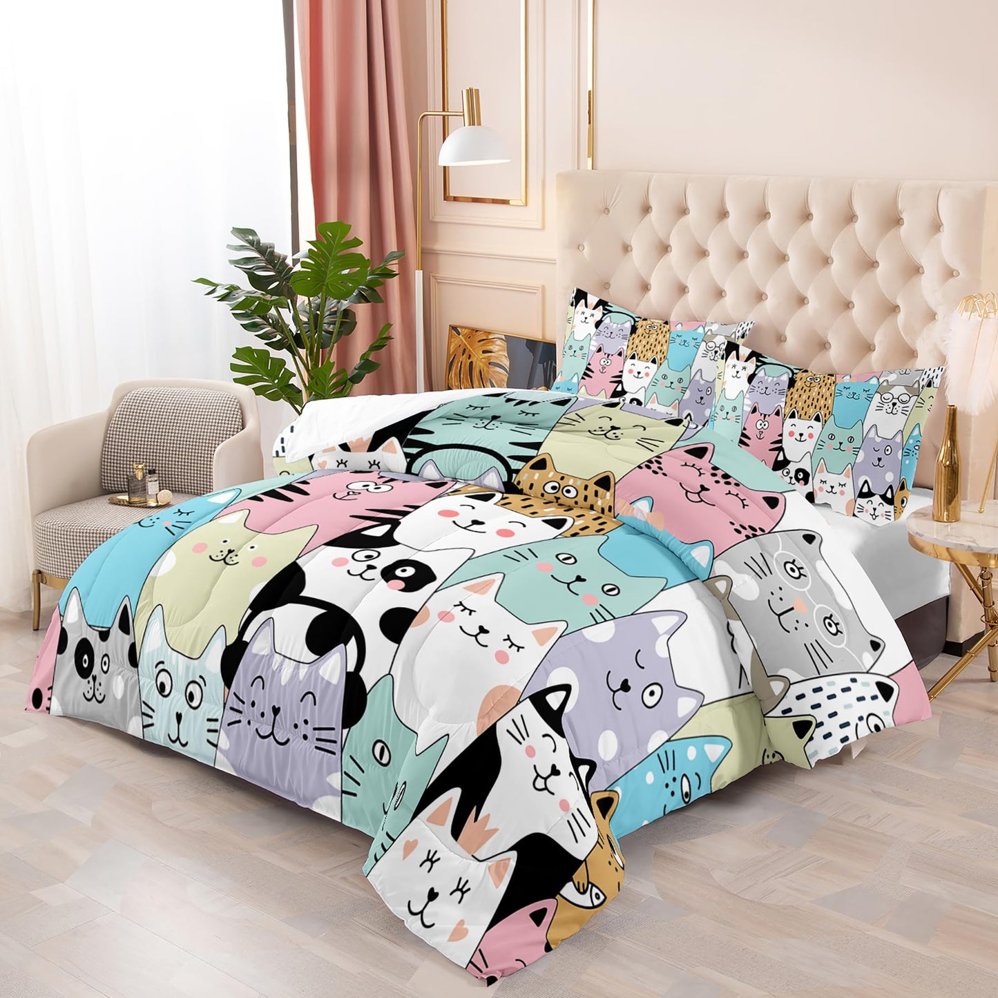 Tuzaovy Queen Cat Comforter Set for Girls - Kawaii Queen Size Bedding, Cute Comforter Set for Teen Girls
