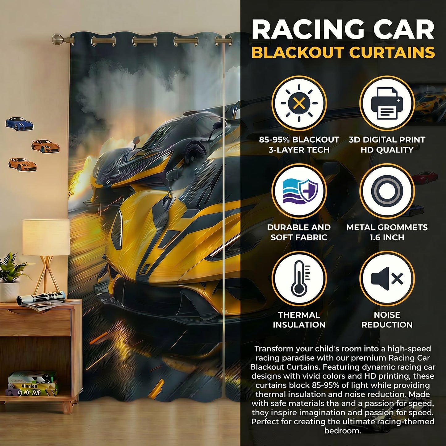 terxgrl Race Car Blackout Curtains for Boys Room, Racing Sports Car Window Drapes for Kids Bedroom, Yellow Black Supercar Darkening Curtains for Teen Gamer Room, 42 x 45 Inch