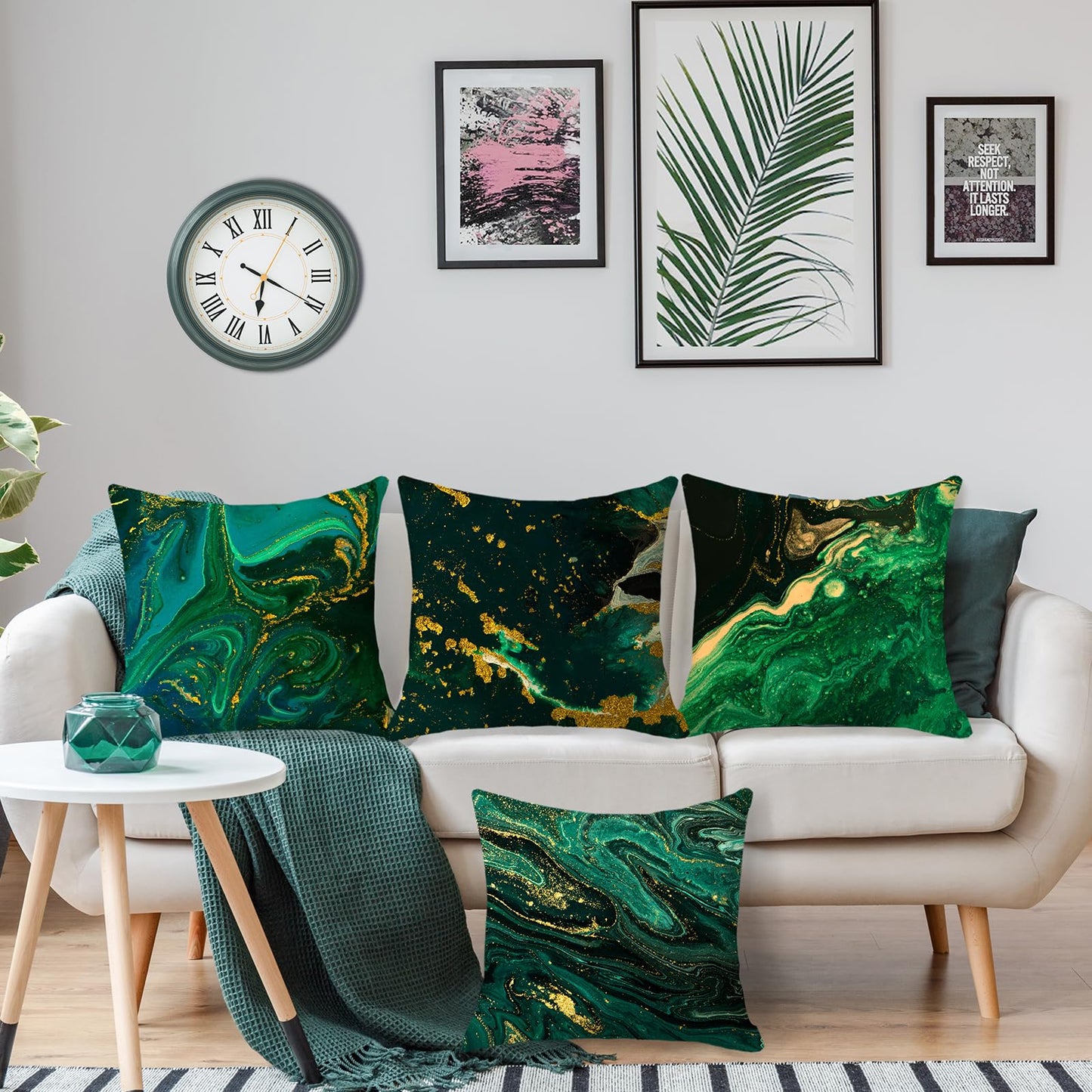 LOHDALOLF Emerald Green Gold Throw Pillow Covers 18x18 inch Set of 4 Abstract Pillow Cases Modern Decorative Cushion Covers for Sofa Couch