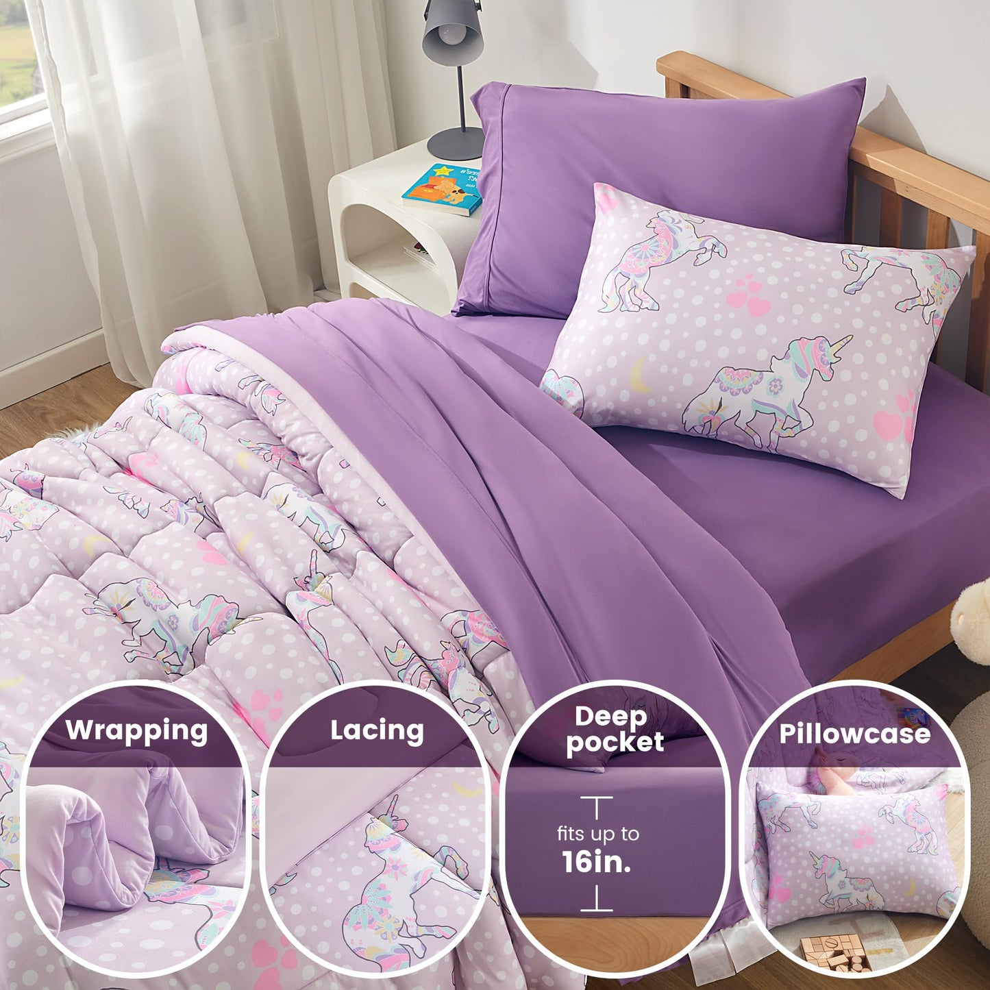 SLEEP ZONE Kids Comforter Set Full/Queen Size, Jersey Knit 7 Pieces Bedding, Super Soft and Breathable Comforter with Sheets, Pillowcases (Purple Unicorns)