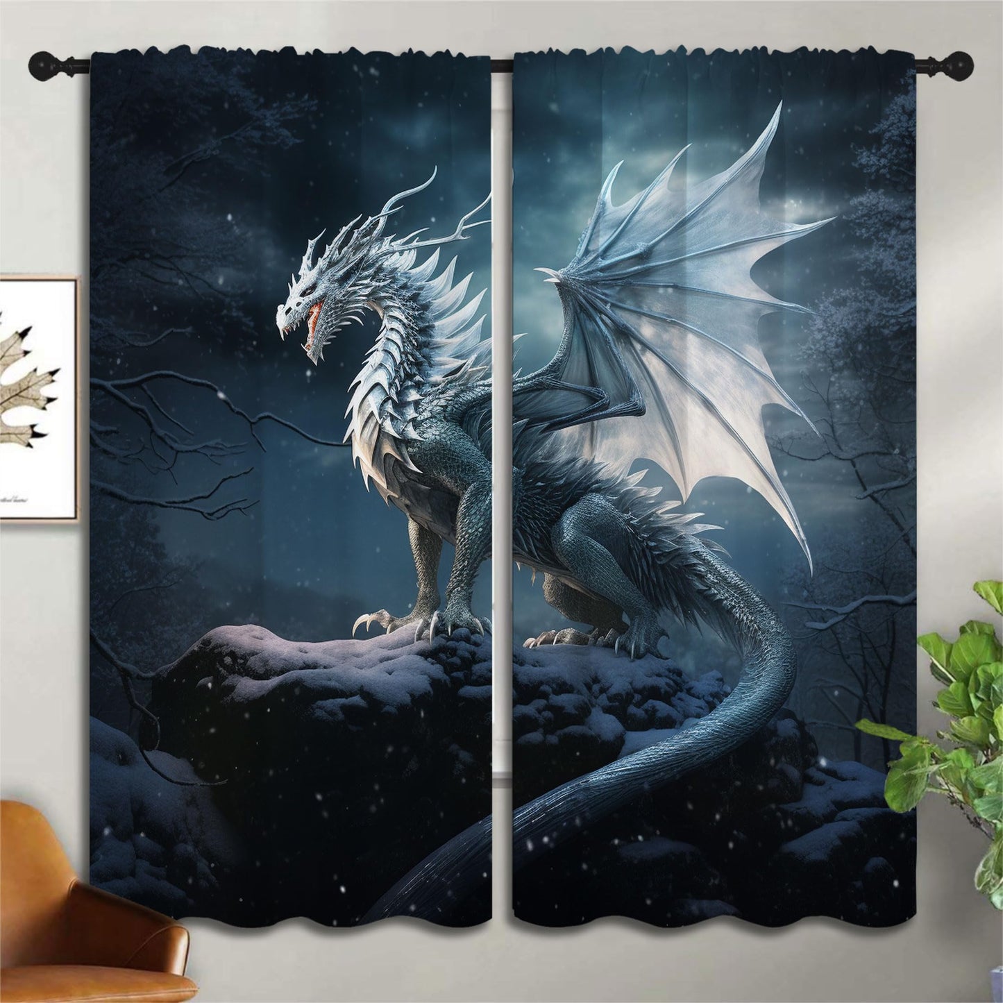 PYMATYTN Dragon Blackout Curtains for Boys Girl Bedroom Decor,Fantasy Creature Snowflake Forest Thermal Insulated Rod Pocket Drapes Darkening Window Curtain for Living Room Home 55x63 inch