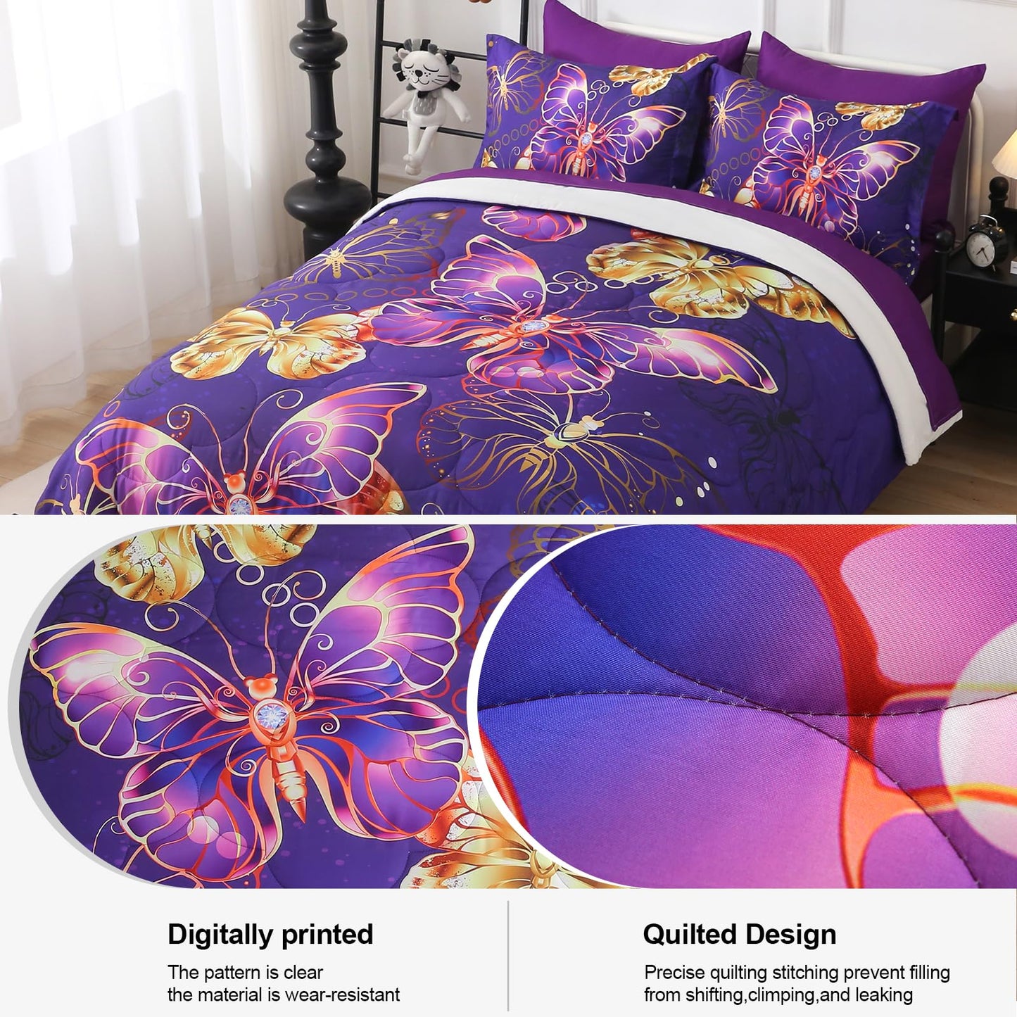 Jameswish 7 Piece Butterflies Comforter Set Full Size 3D Gold Violet Butterflies Bedding Set for Kids Girls Women for Birthday Christmas Gift