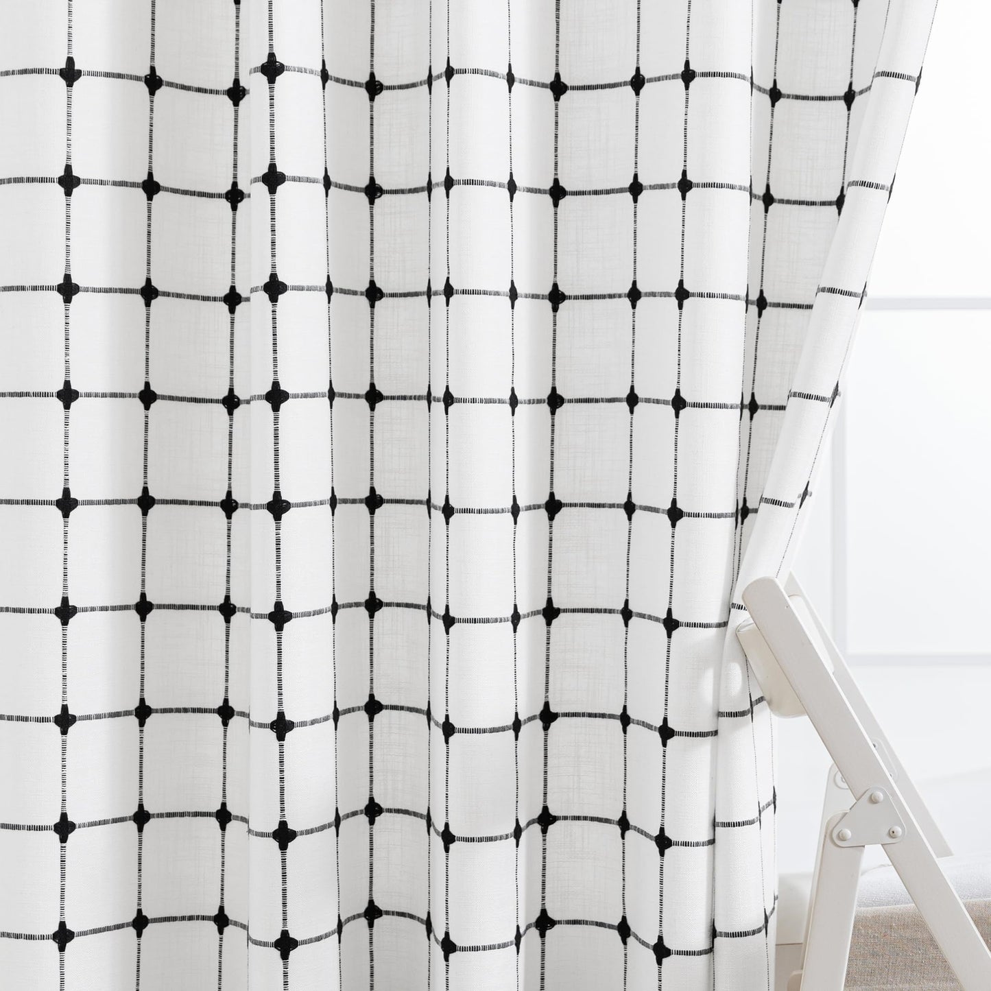 ROSERY No Hook Shower Curtain with Snap in Fabric Liner Set, Boho Farmhouse Black and White Woven Jacquard Grid Shower Curtain for Bathroom with Tassel, Checkered Pattern, 71" W x 74" L