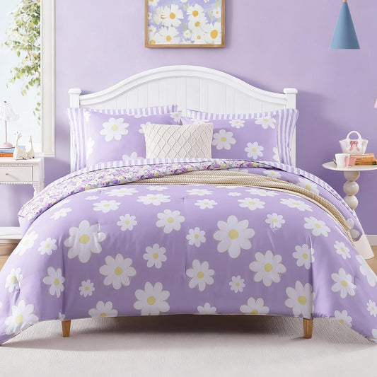 AMBERSPACE Twin XL Comforter Set for Girls, Purple Daisy Kids Bedding Set Reversible with Cute Floral, All Season Bed in a Bag Dorm 5 Pieces with Sheets, Pillowcase & Sham