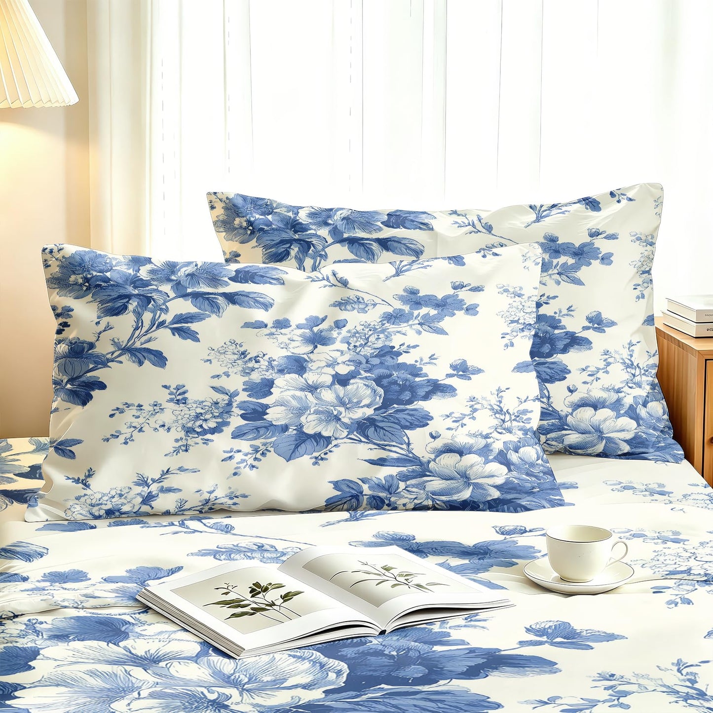 Blue and White Floral King Sheet Set 4 Pcs Chinoiserie Bed Sheets