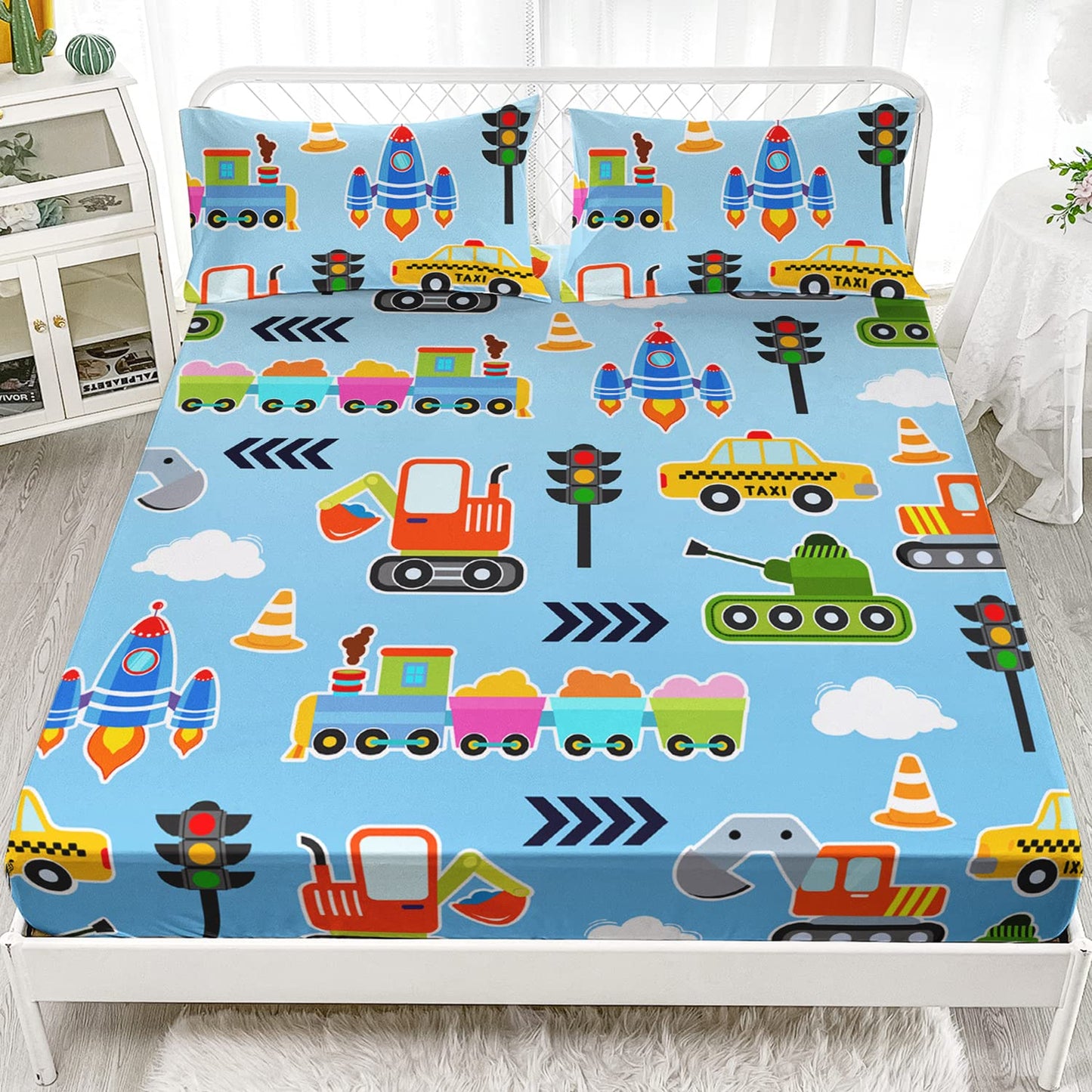 HOSIMA Cartoon Car Kids Fitted Sheet Set,Taxi Excavator Tractor Bedding for Kids' Room, Light Blue, Queen Size,1 Fitted Sheet+2 Pillowcases.