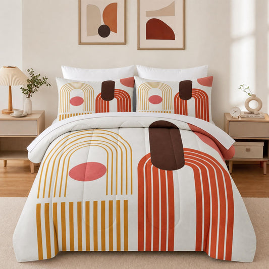 Boewywh Comforter Set Twin Size Boho Abstract Geometric 7 Pcs, Bedding for Kids and Adults, Retro Minimalist Bed Sheet Sets with Fitted Sheet 2 Pillowcases & 2 Shams for Bedroom Bed Decor