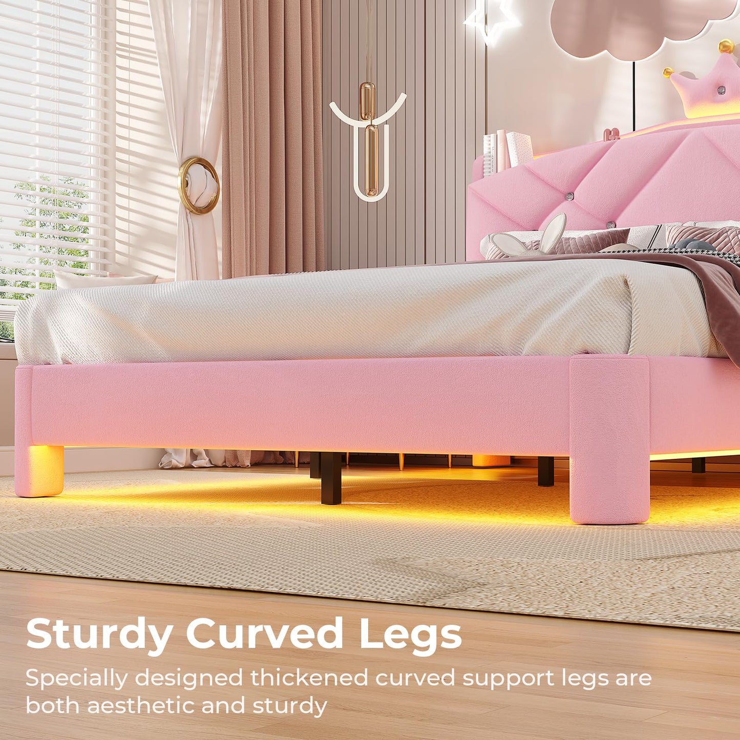 MSmask Twin Bed Frame with LED Lights, Princess Upholstered Bed with Headboard with Charging Station & Crystal Button & Crown, Velvet Platform Bed for Girls, Solid Wood Slats, Curved Legs, Pink