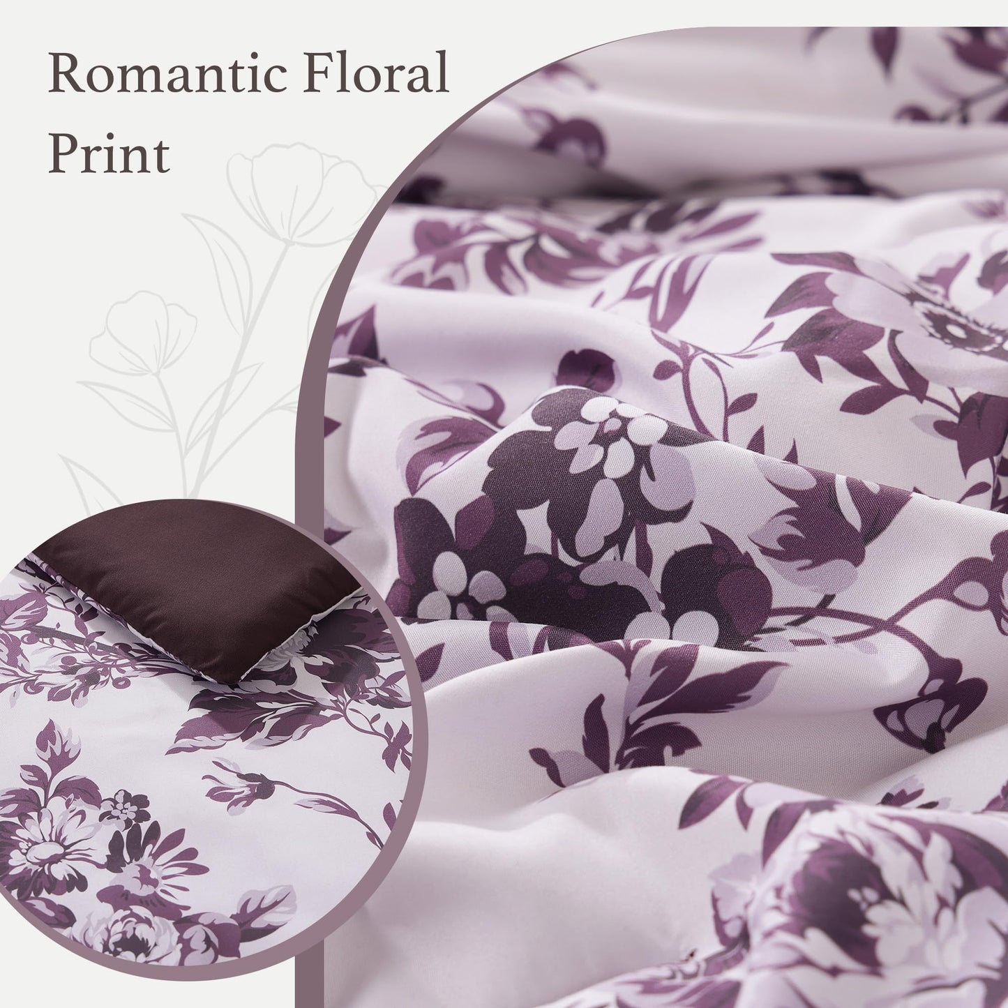 BLOOMHAVEN Queen Comforter Set -7 Pieces Deep Purple Floral Comforter Set for All Seasons, Bed in a Bag Queen with Botanical Flowers Comforter, Sheets, Pillowcases & Shams
