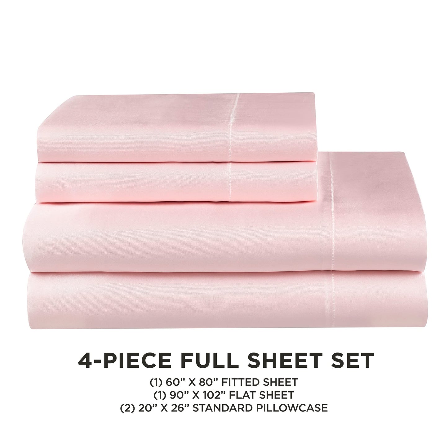 Juicy Couture Full Size Silk Satin Bed Sheet Set, Deep Pocket Silky Full Sheet Set with 1 Fitted Sheet, 1 Flat Sheet and 2 Pillow Case, Wrinkle Resistant and Anti Pilling Bed Sheets - Pink