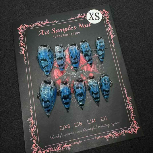 Handmade Press on Nails Short False Nails with 3D Dark Design Unique Style Daily Wear Size S