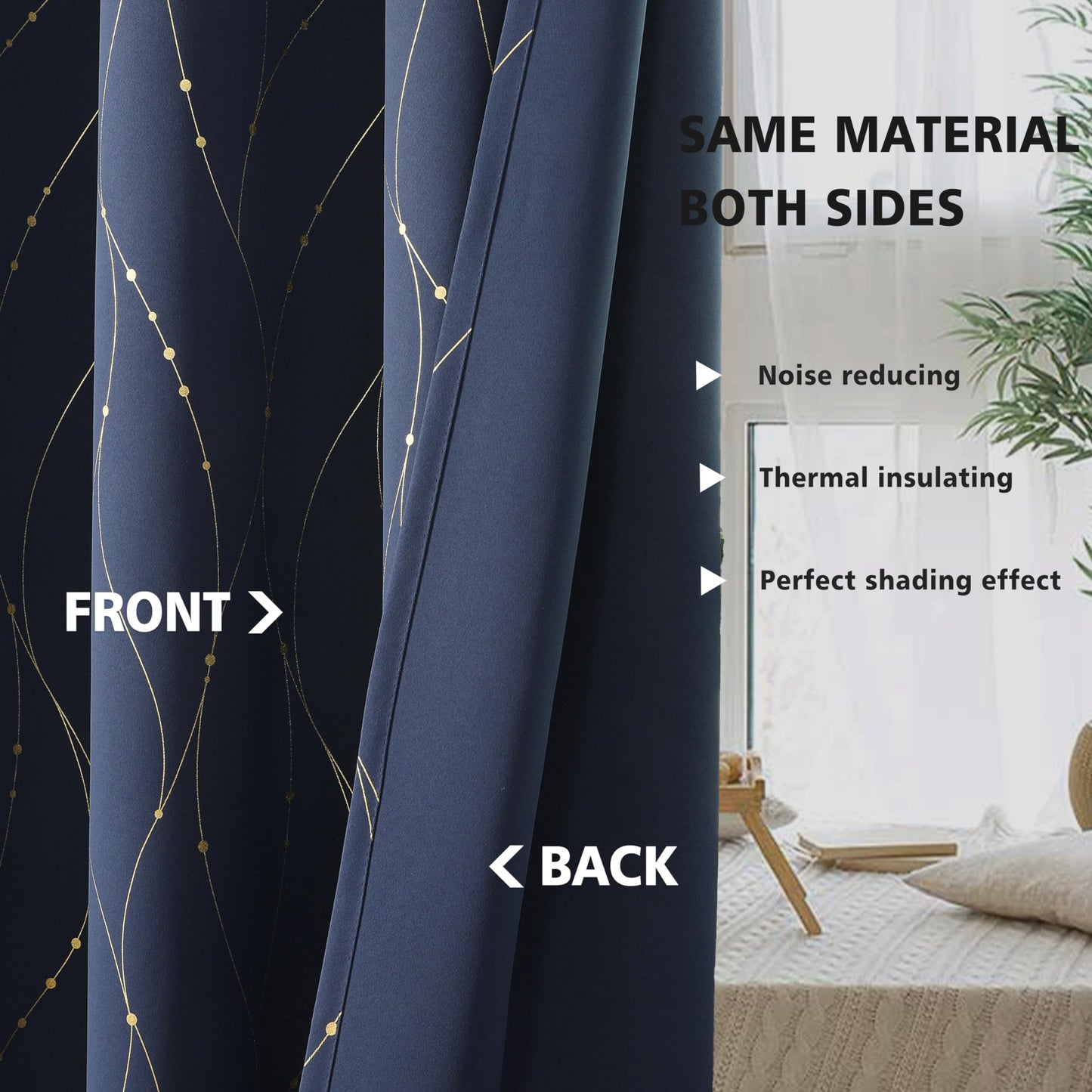 BUHUA Blackout Curtains 84 Inches Long, Gold Foil Print Wave Pattern Room Darkening Curtain, Living Room Curtains & Drapes, Thermal Insulated Window Panel Set, 52 x 84 Inch, Navy