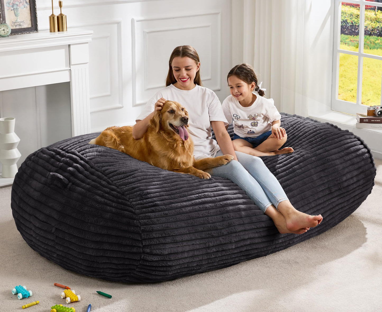 Hobestluk 6FT Bean Bag Chairs Adult Bean Bag with Portable Handle Comfy Large Bean Bag Lounge Chair with Removable Cover for Living Room Bedroom (Stripe Dark Grey, 6FT)