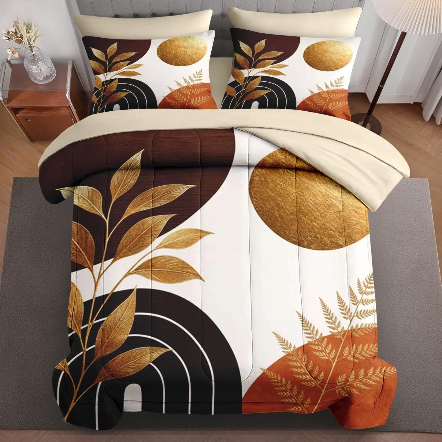 Boewywh Comforter Set Twin Size Boho Gold Abstract 7 Pcs, Bedding for Kids and Adults, Leaf Botanical Bed Sheet Sets with Fitted Sheet 2 Pillowcases & 2 Shams for Bedroom Bed Decor