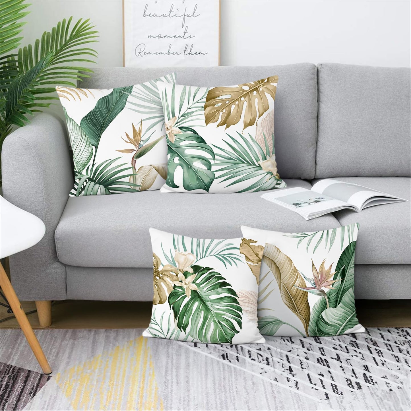 Bonhause Tropical Leaves Throw Pillow Covers 18 x 18 Inch Green Brown Leaf Summer Decorative Pillow Cases Soft Velvet Cushion Covers for Couch Sofa Bed Home Decor Set of 4