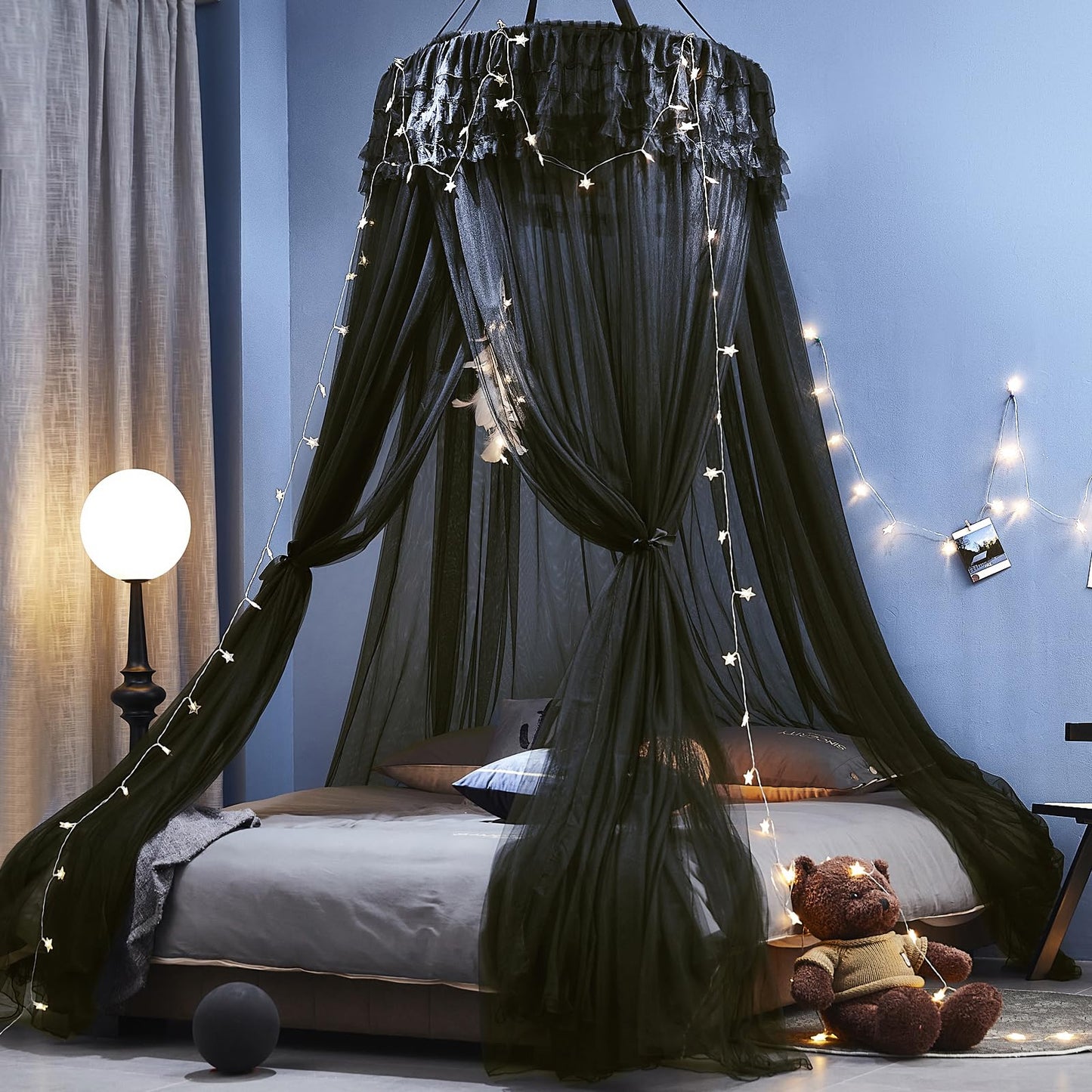 Kertnic Dreamy Bed Canopy for Girls, Princess Canopy Curtains Double Layer Sheer Mesh, Adults Canopies Netting Room Decor Tent Mosquito Net for Queen King Bed (Double Layer-Black)