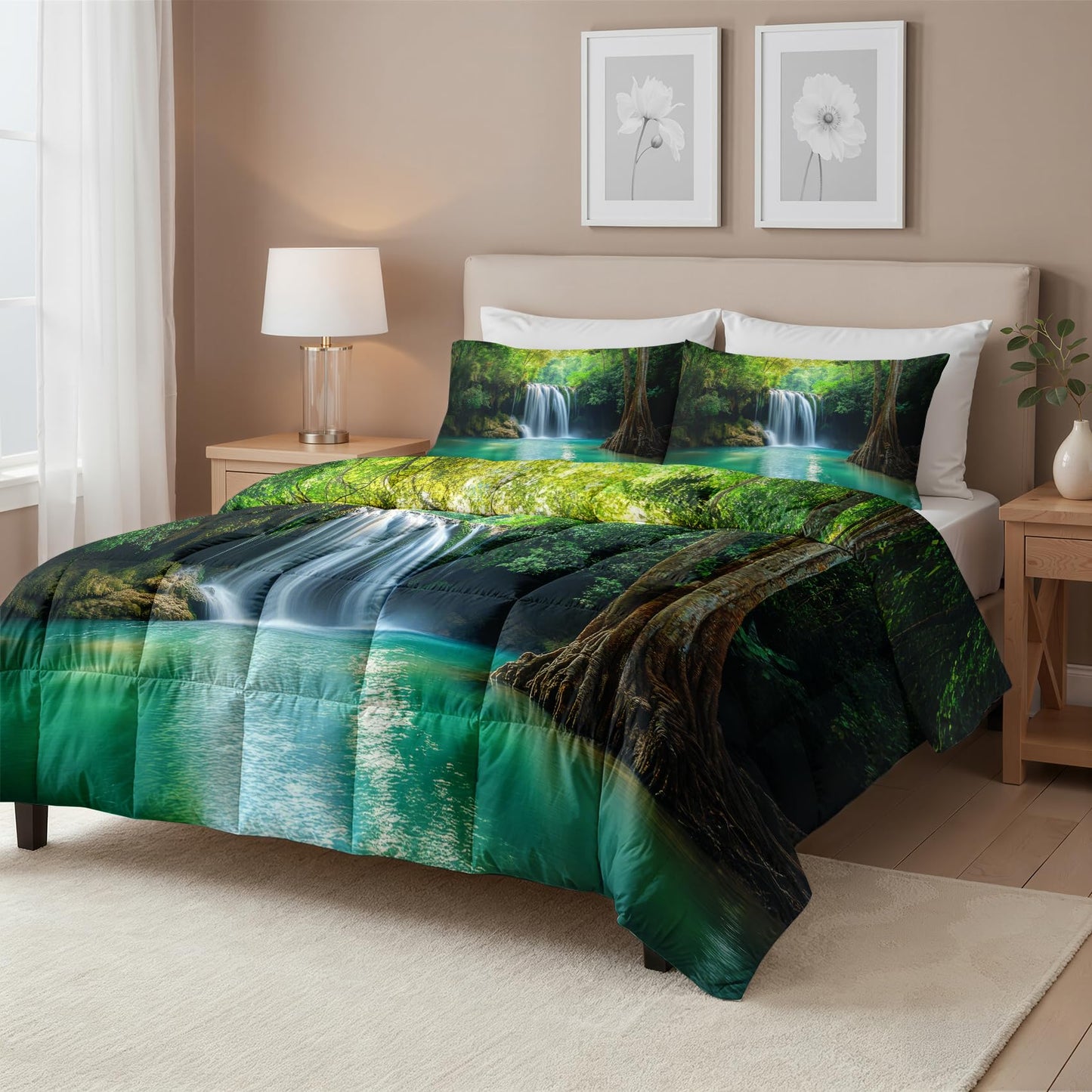 Landscape Comforter Queen Size - 3 Pcs Bed Set, All Season Duvet Insert & 2 Pillowcases, Waterfall Bedding Set, Soft Lightweight Down Alternative Comforter, Fantasy Natural Bedroom Decor
