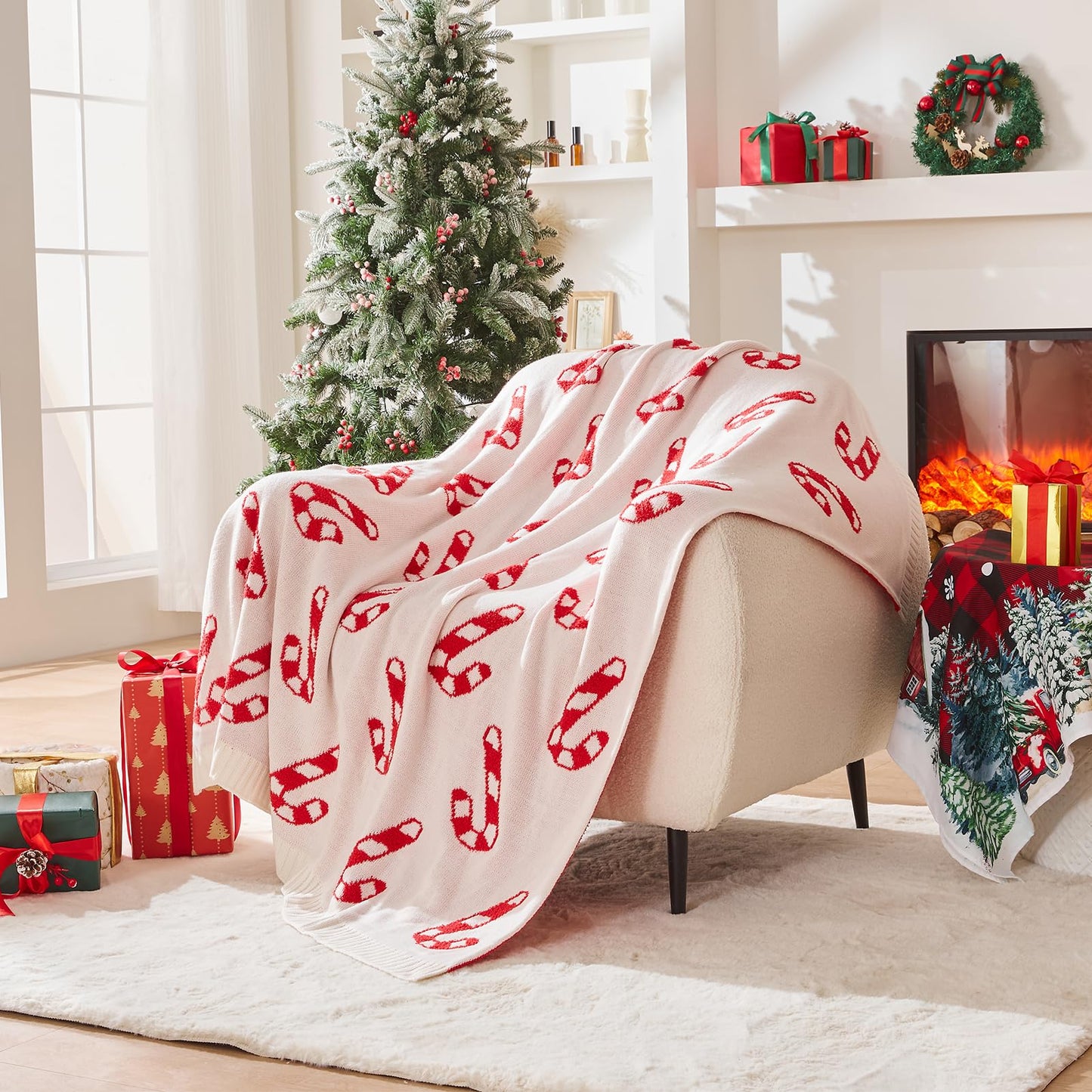 Douceur Christmas Candy Cane Throw Blanket, Ultra Soft Red Fluffy Festival Blanket, Reversible Cozy Decorative Blanket for Bed Couch Sofa, Super Soft Indoor Living Room Plush Throws, 60"X80"