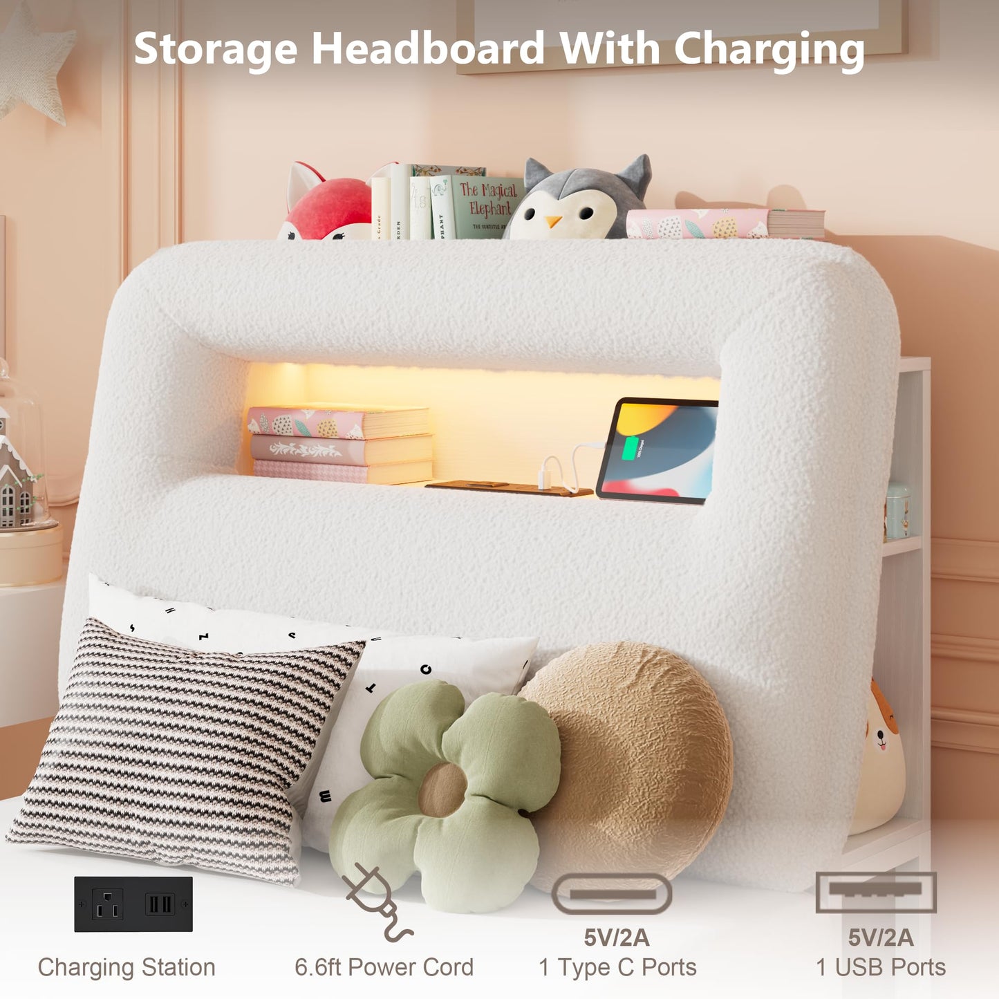 VINTLJUS Twin LED Bed Frame with Storage Headboard & Charging Station, Kids Bed Frames with Bookcase, Teddy Fleece Upholstered Platform Bed Frames with 1 Storage Drawer, No Box Spring Needed, Beige