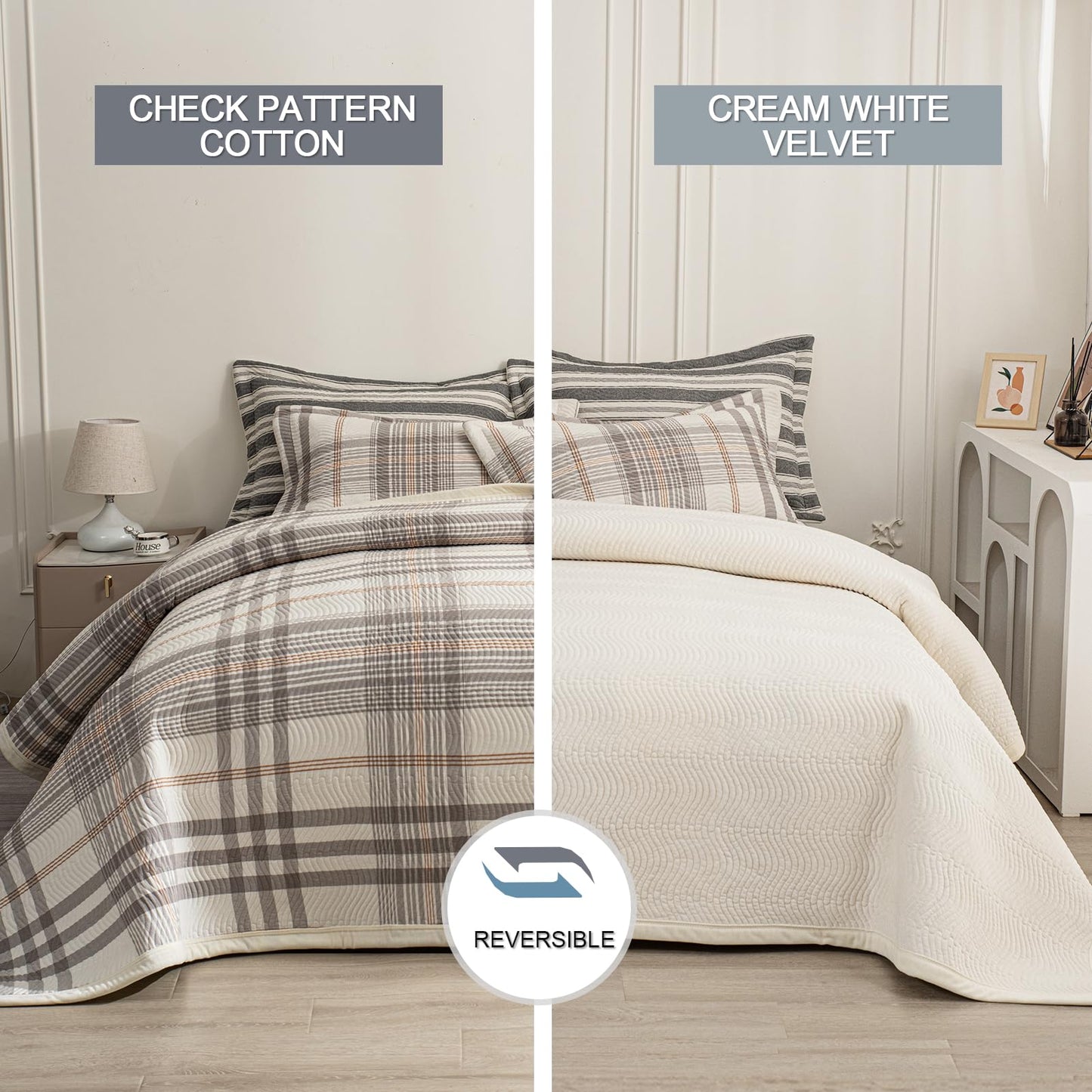 tohrisa Cotton Plaid Quilt Set, Ultra Soft 3 Pieces King Size Bedding with 2 Pillow Shams, Lightweight Reversible Coverlet Bedspread with Wave Quilting for Summer, 108"x96", Grid-Grey White