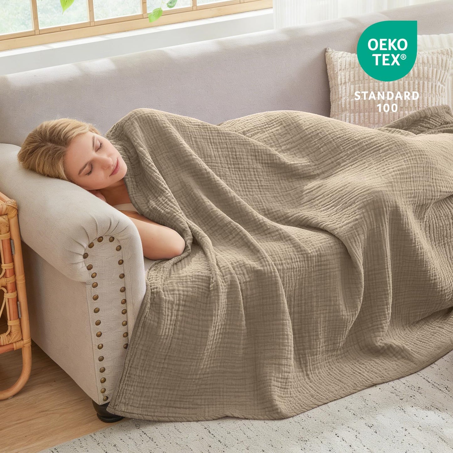 EMME Cotton Muslin King Blanket Bed Layering Bedspread Coverlet Breathable Gauze Soft Lightweight (Tan, 108"x90")