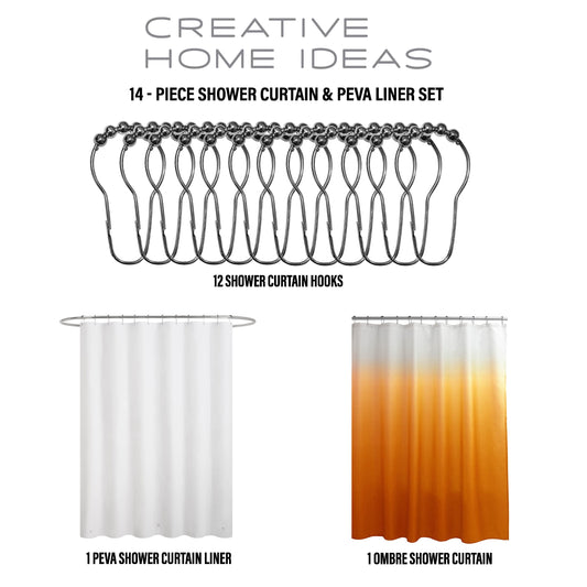 14-Piece Set, Orange 70x72 Ombre Shower Curtain, Frosted 70x72 PEVA Liner, 12 Shower Hooks