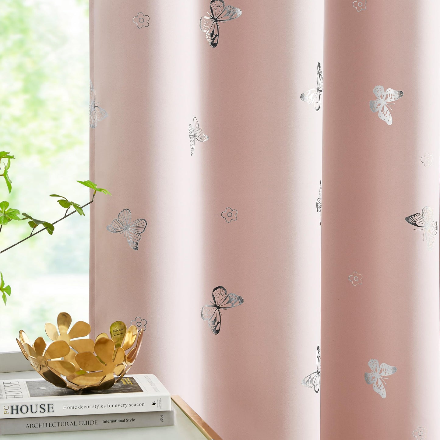 Jubilantex Pink Metallic Silver Butterfly Blackout Curtains 54" Long for Small Window Girls Bedroom Nursery Window Curtains,Grommet Top 2 Panels