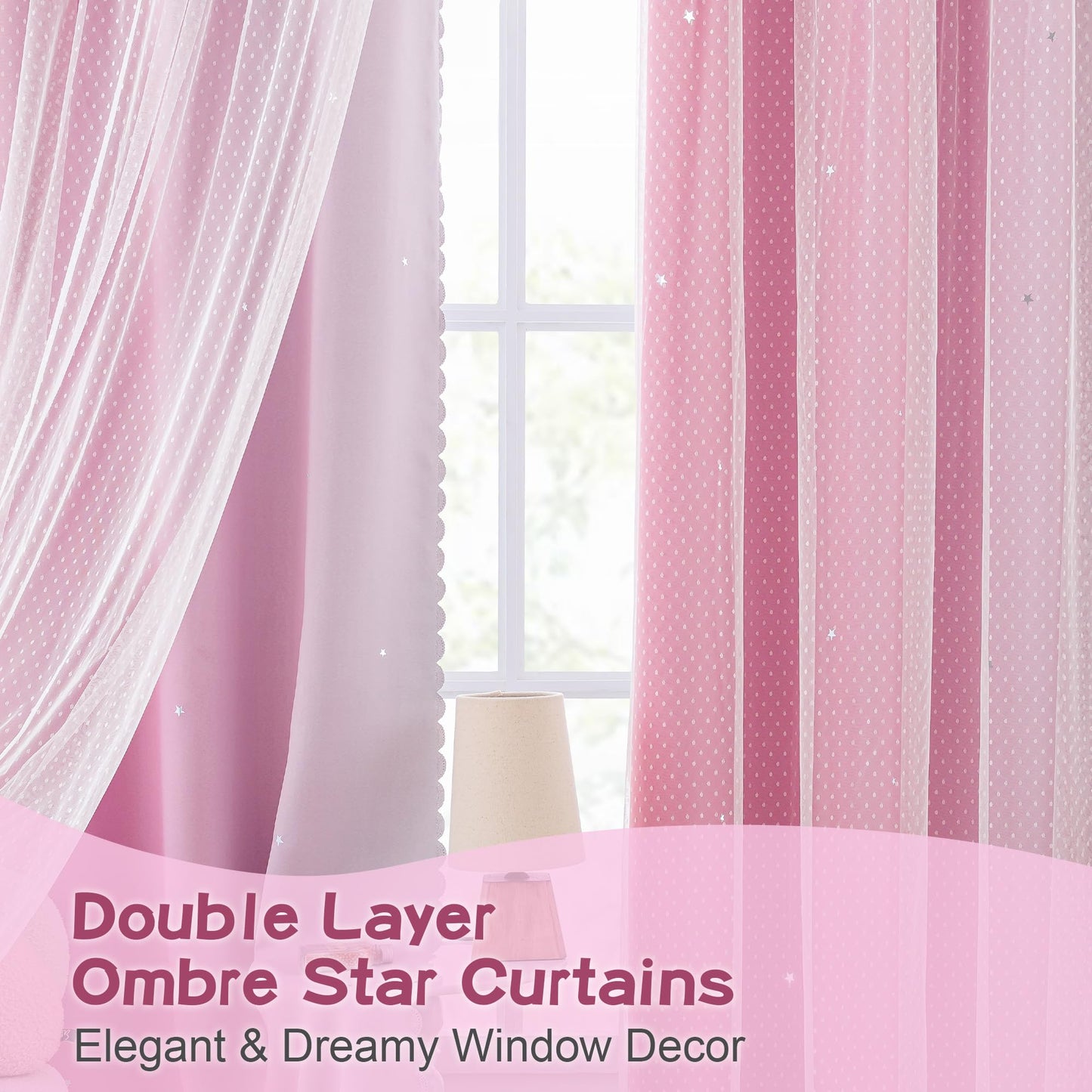 MYSKY HOME Pink Blackout Curtains for Girls Bedroom Decor Living Room, Hollow-Out Stars Grommet Window Ombre Curtain for Nursery Kids Room, W34 X L90 Inches Long, 2 Panels Set