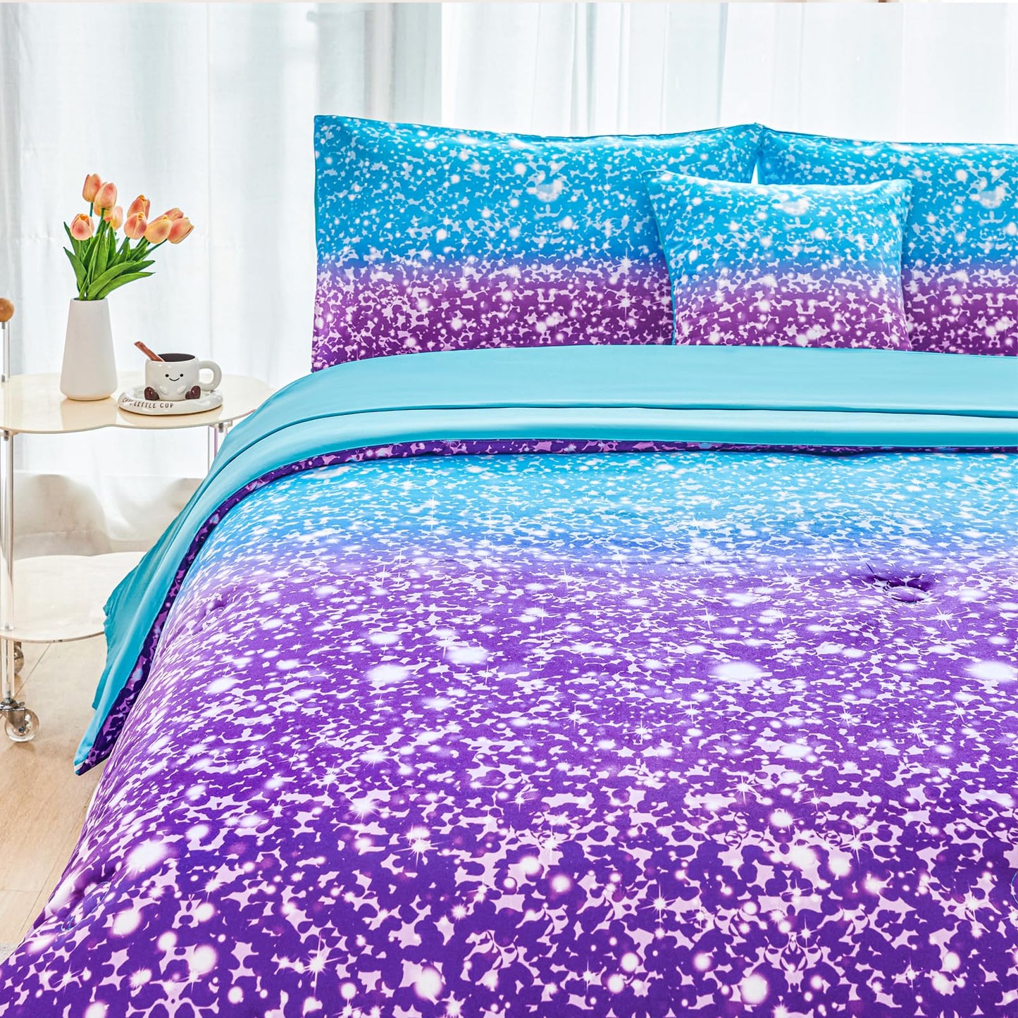 RYNGHIPY Blue Purple Girls Bedding Set 3D Colorful Galaxy Starry Comforter Sets for Girls Kids Twin Lightweight Soft Rainbow Bed in A Bag