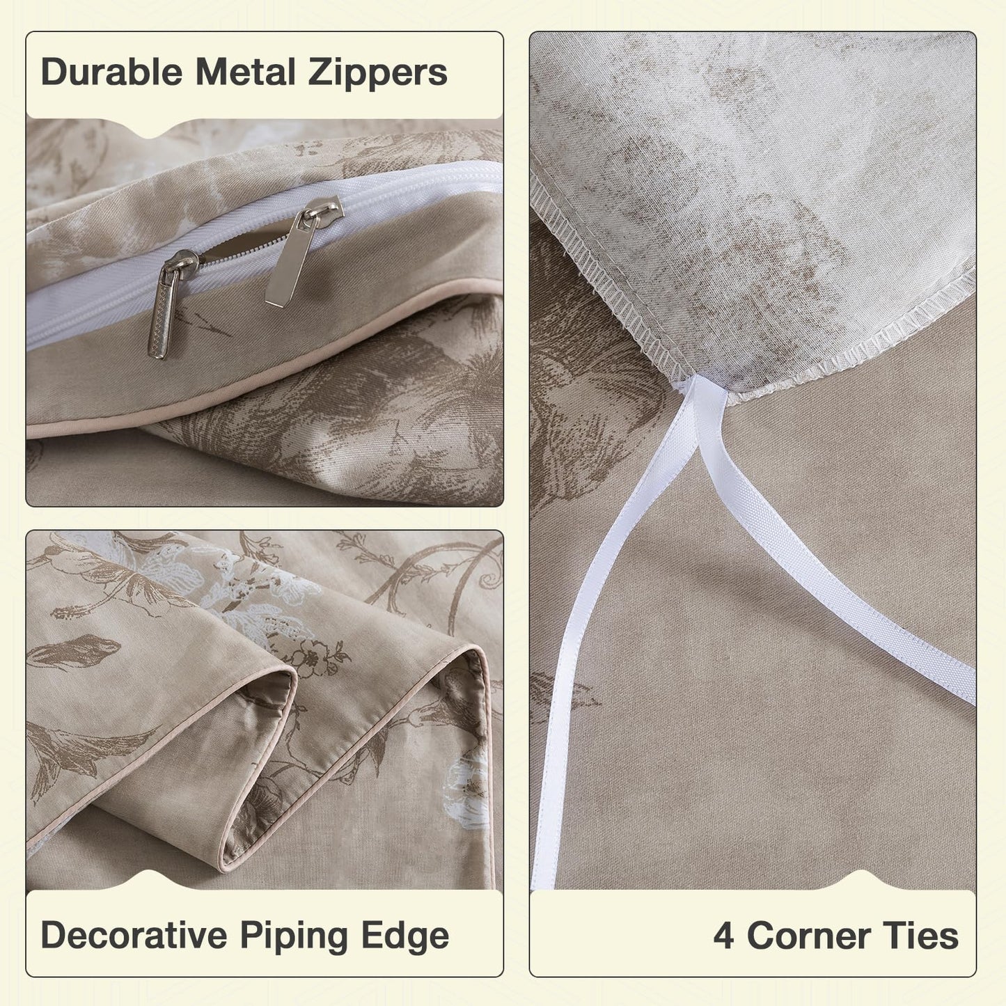 Puralens Dark Beige Moody Floral Duvet Cover, King 100% Cotton Percale Neutral Flower Comforter Cover Set, Shabby Chic Cottage Reversible Toile Bed Cover Set with Ties, Farmhouse Zipper Bedding, 3Pcs