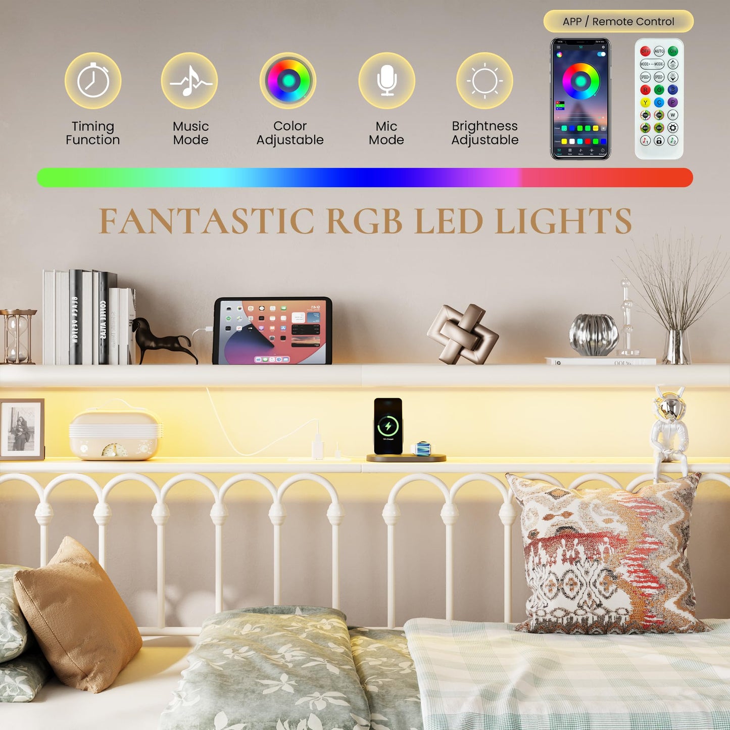 SHA CERLIN Twin Size Daybed, Metal Sofa Bed Frame with Double-Layer Storage Headboard, LED Lighting & USB Charging Ports, Steel Slat Support, White, for Living Room/Guest Room