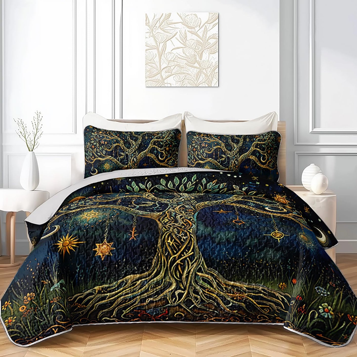 XYNHML Dreamy Tree of Life Quilts Bedding Full 3Pcs Mysterious Sun Moon Starry Celestial Quilt Bed Set Lightweight Soft Bedspreads Coverlet with 2 Pillowcases for Kid Boy Girl Teen Adult Bed Decor