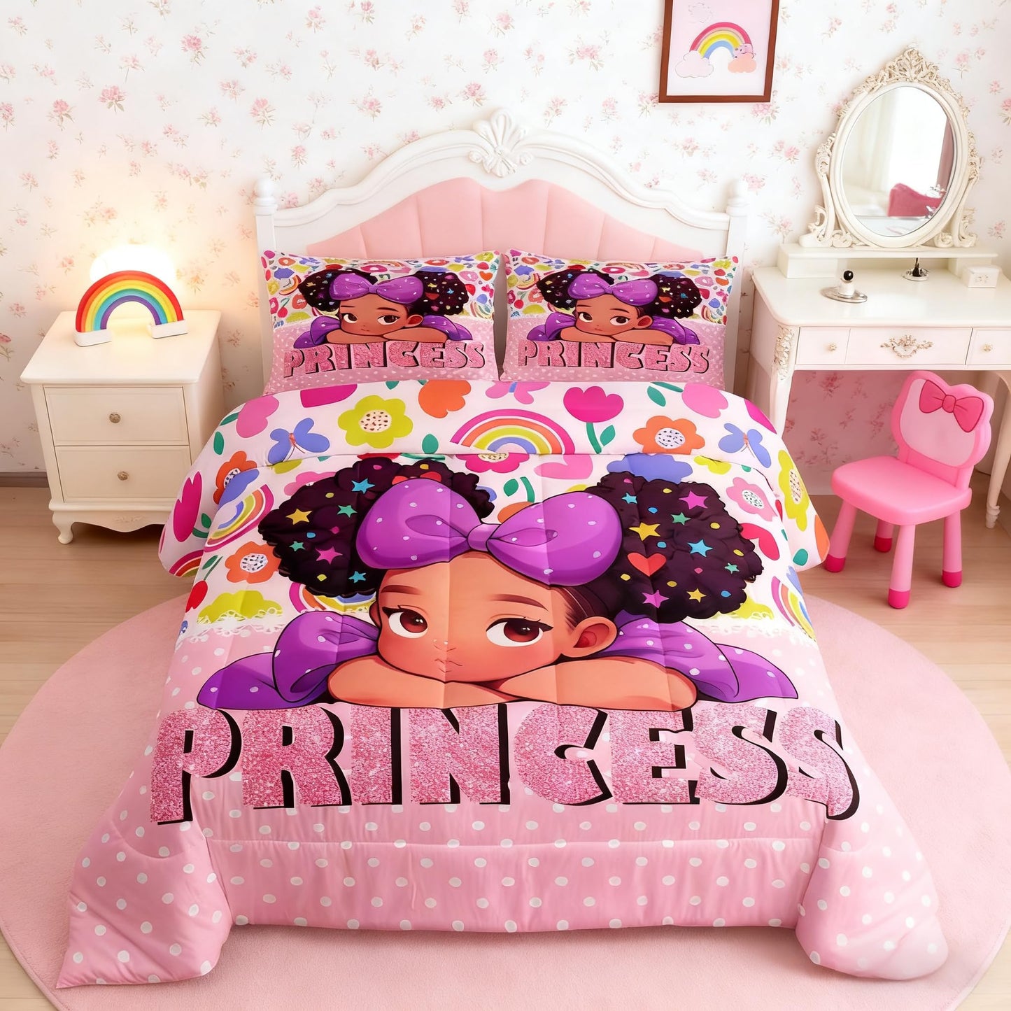 Castle Fairy African American Black Girl Comforter Set Twin Size,Pink Black Princess Girls Bedding Set,Cute Glitter Kids Quilt Set Teens Flower Star Colorful Dots Reversible Print Duvet Insert 2Pcs