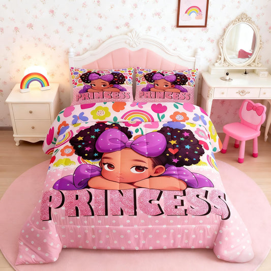 Castle Fairy African American Black Girl Comforter Set Twin Size,Pink Black Princess Girls Bedding Set,Cute Glitter Kids Quilt Set Teens Flower Star Colorful Dots Reversible Print Duvet Insert 2Pcs