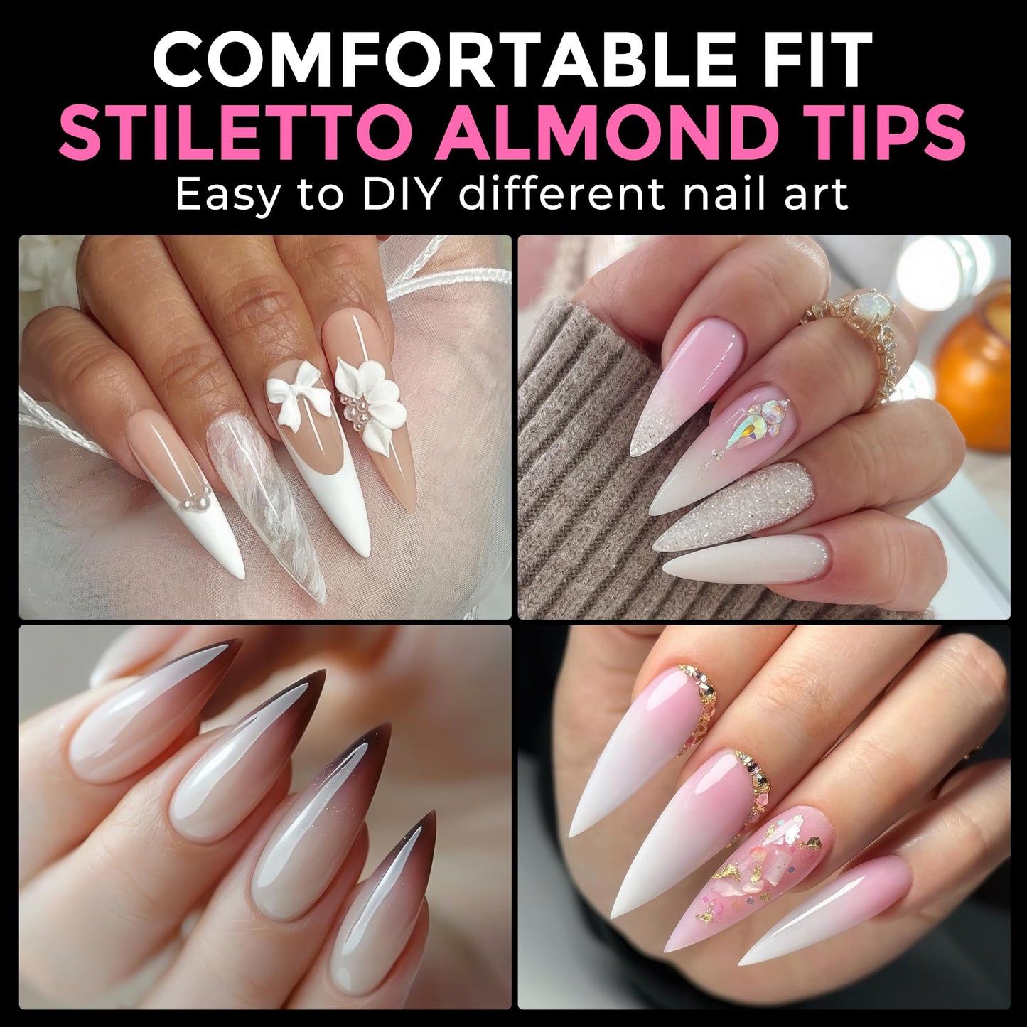 UNA GELLA Long Stiletto Gel Nail Tips: 216pcs Halloween Stiletto Almond Fake Nails Pre-shape Long Almond Press Ons for Full Cover Acrylic French False Nails For Nail Extension DIY Salon 12 Sizes