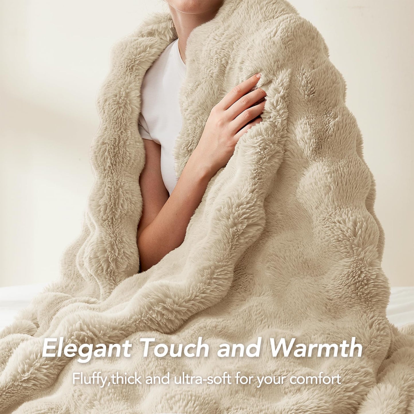 L'AGRATY Faux Rabbit Fur Blanket: 50" x 60" Luxury Soft Fluffy Thick Fur Throw Blanket for Couch Bed Sofa - Cozy Plush Bubble Blankets for Winter: Warm Flannel Fleece Decorative Blanket(Almond White)