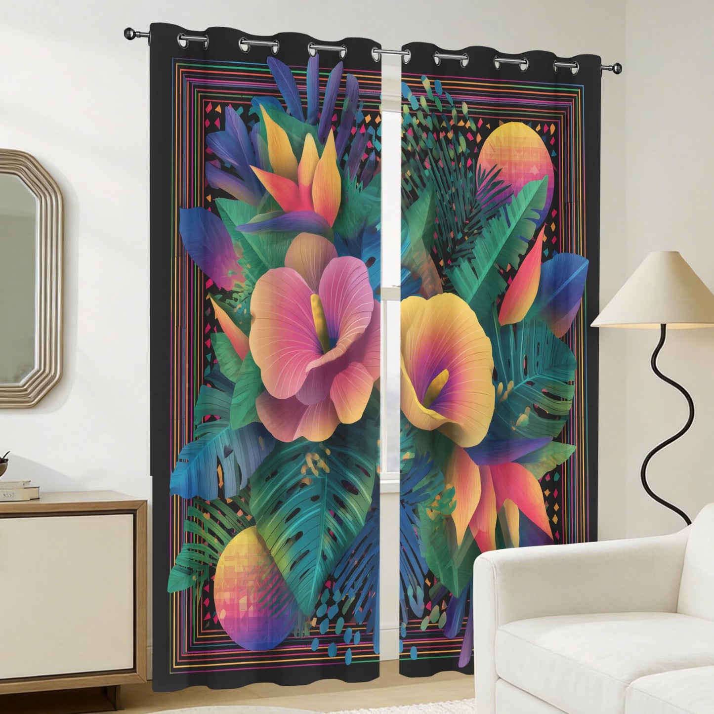 Neon Tropical Blackout Curtains for Bedroom 84 inch Long, Flower Plant Patterned Curtain Thermal Insulated Room Darkening Window Drapes for Living Room 2 Panels cc146ll1Y