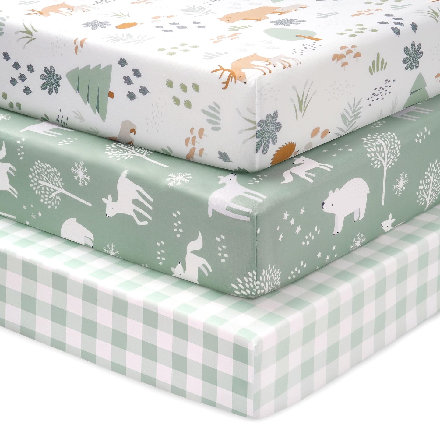 FIEMOL Baby Crib Sheets for Boys and Girls, 3 Pack Fitted Crib Sheets Neutral for 52”x28” Standard Crib and Toddler Mattresses, Ultra Soft & Silky Smooth Microfiber Green Forest Bear