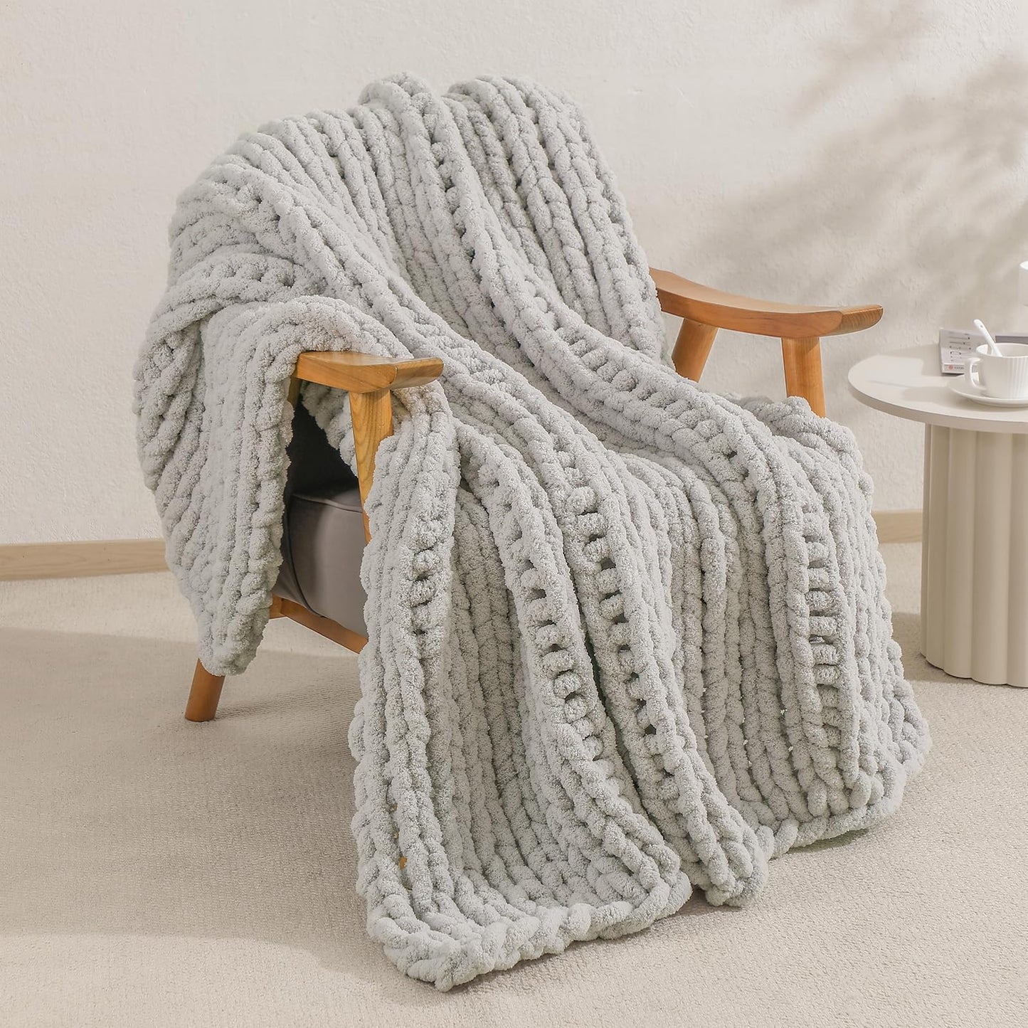 bearberry Chunky Knit Throw Blanket 50x60 Inches Handmade, Soft Jumbo Chenille Yarn with Cable Rope Knot Design | Thick Cozy Large Blanket for Couch, Sofa, Bed & Living Room Home Decor | Light Grey