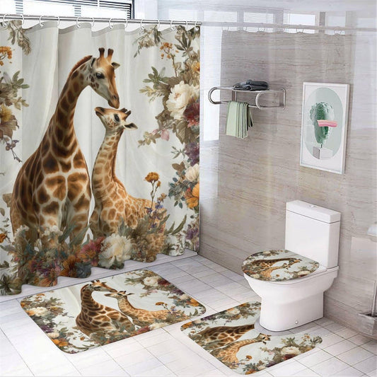 Dunmat 4Pcs Warm Giraffe Family Shower Curtain Set with 12 Hooks, Non-Slip Bath Mat & Rugs, Toilet Lid Cover - Colorful Floral Wild Animals Waterproof Bathroom Decor Accessories